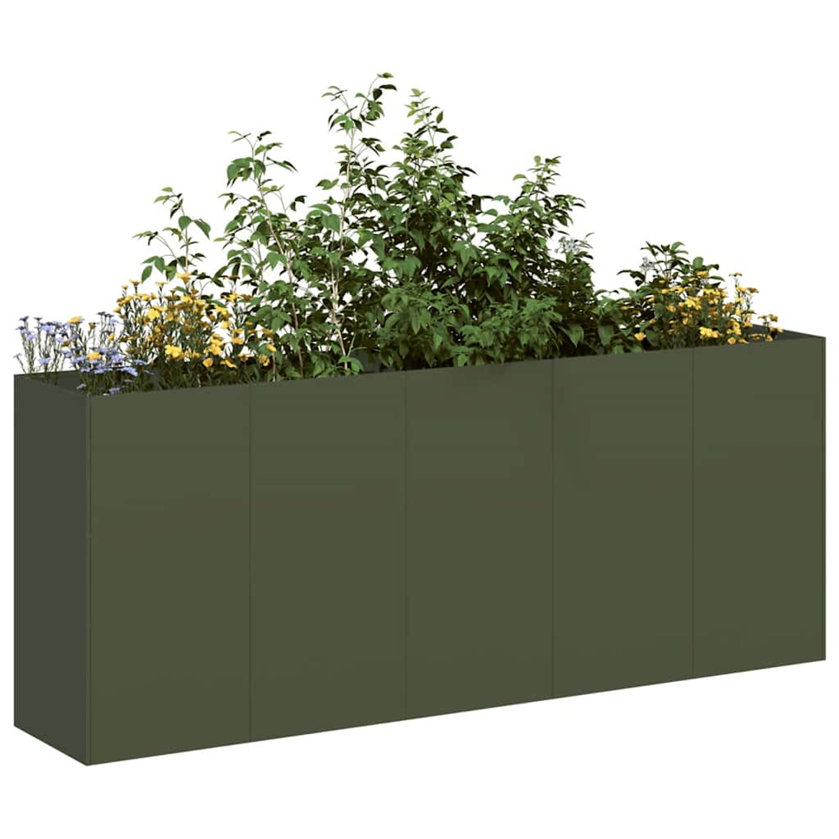 Ein dunkelgrüner rechteckiger Pflanzkasten, gefüllt mit grünen Pflanzen und bunten Blumen.