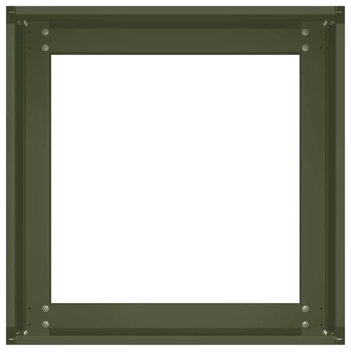 Una cornice quadrata verde con dettagli a vite, su sfondo bianco.