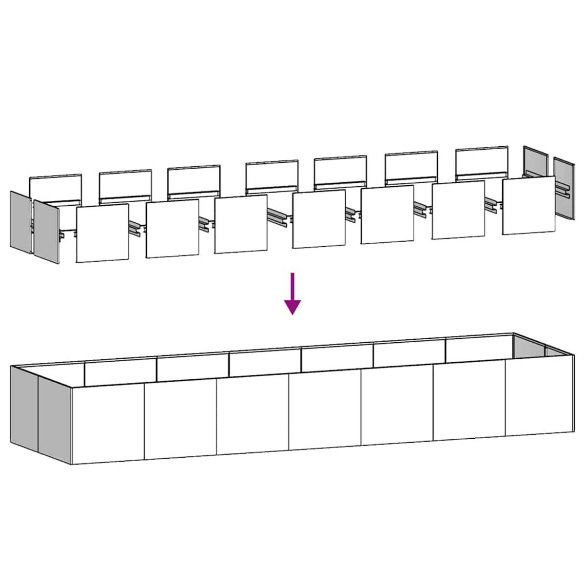 Diagramma che mostra l'assemblaggio di una lunga struttura rettangolare da parti più piccole.