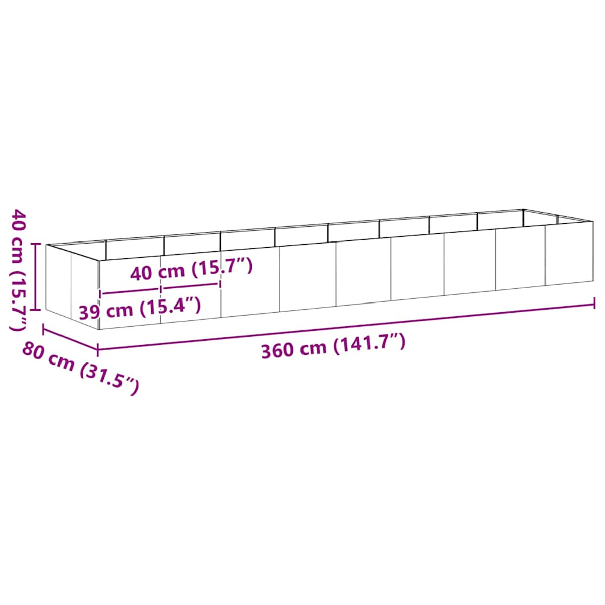 Fioriera rettangolare. Dimensioni: altezza 80 cm, lunghezza 360 cm e larghezza 40 cm.