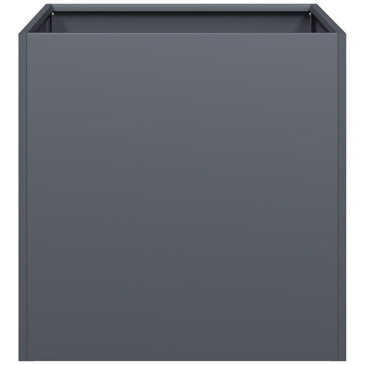 Una fioriera quadrata grigio scuro. I lati della fioriera sono lisci e solidi, mostrando un design moderno e semplice.