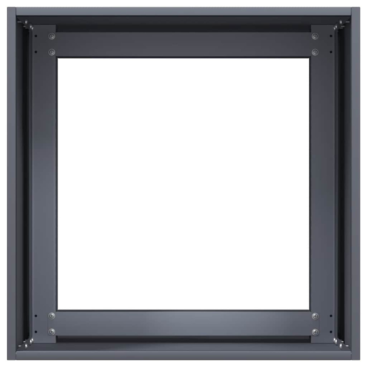 Cornice in metallo grigio. Forma quadrata, vuota all'interno. Sfondo bianco.