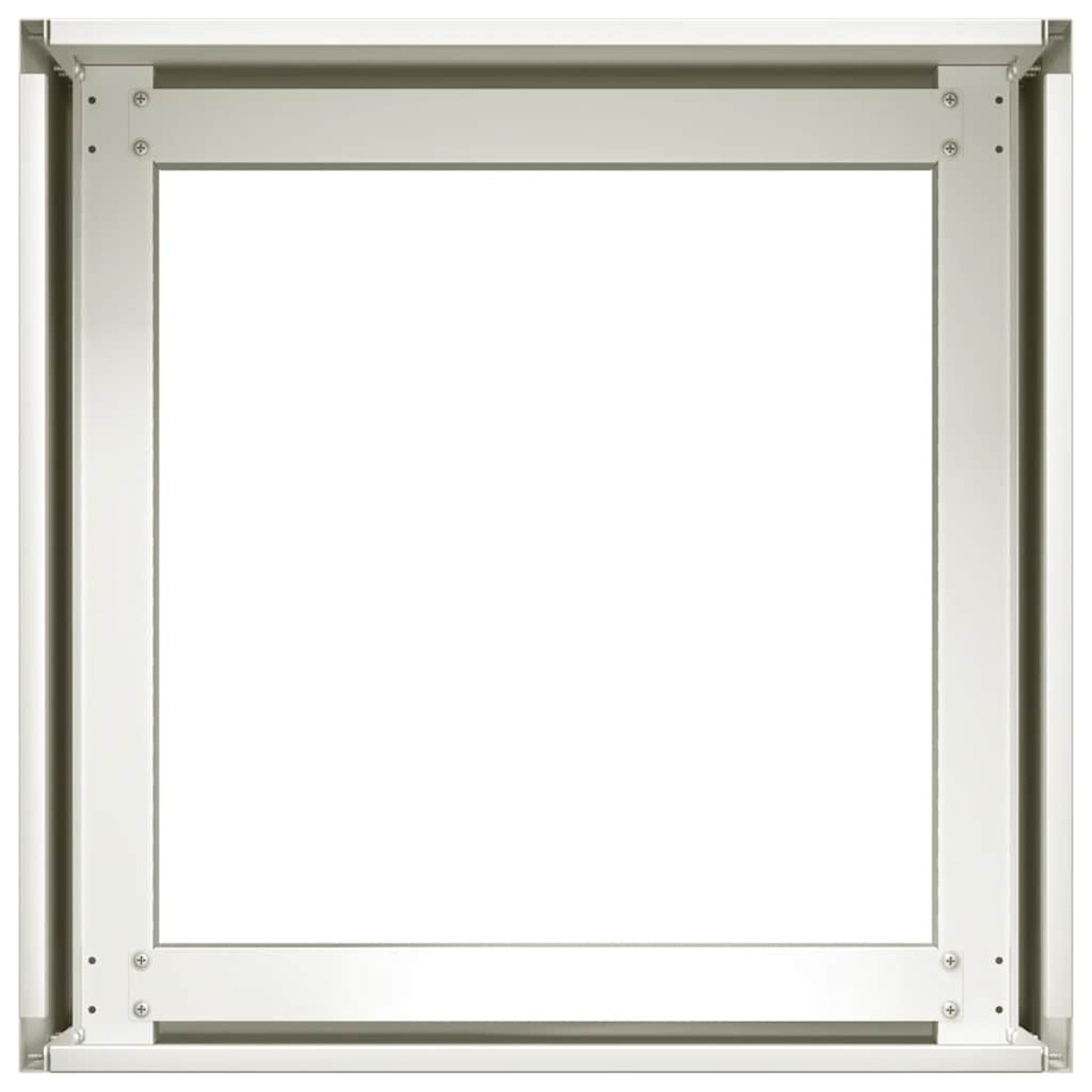 Un telaio metallico quadrato con un grande interno bianco. Il telaio ha viti visibili.