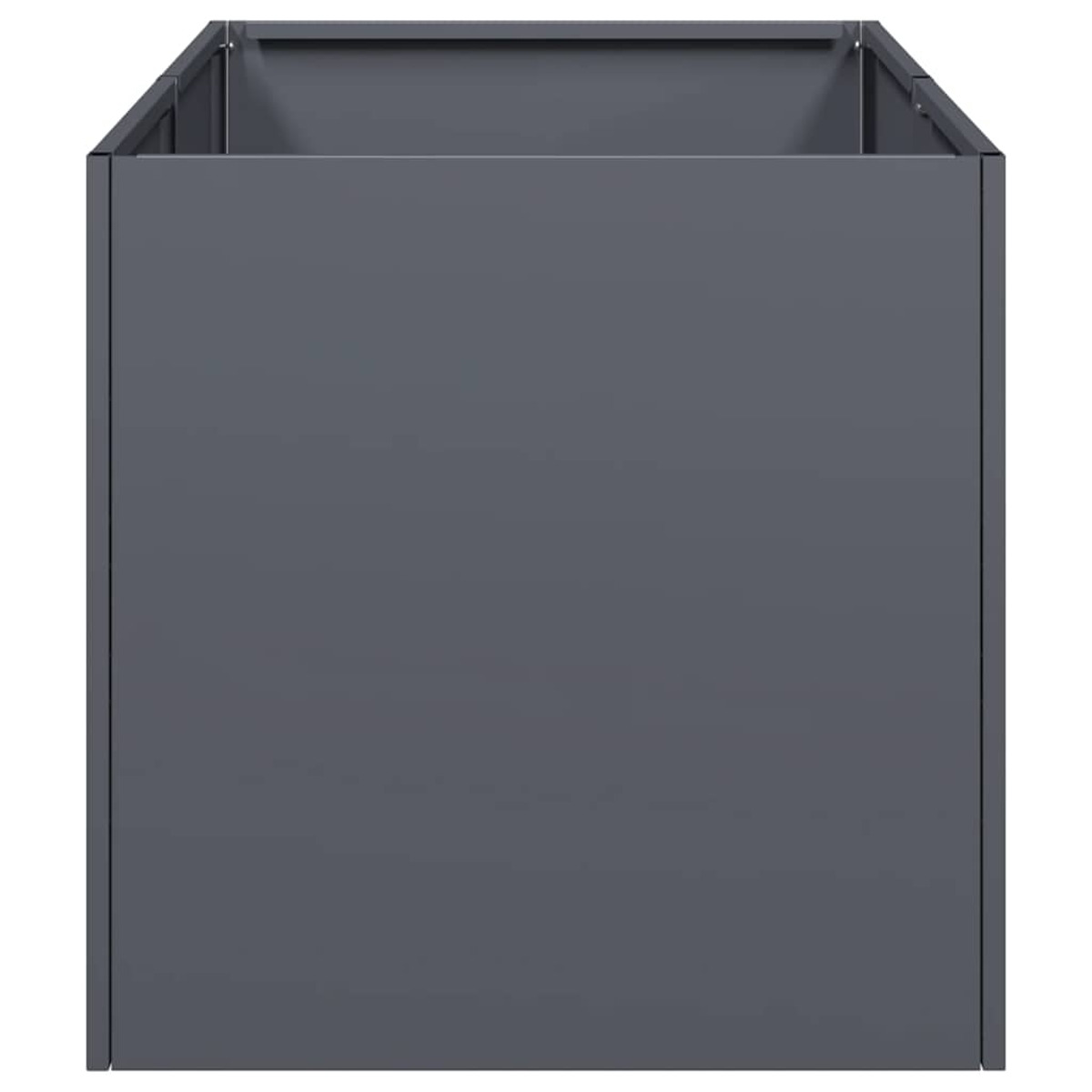 Una fioriera quadrata grigio scuro. È vuota e ha un design semplice e moderno.