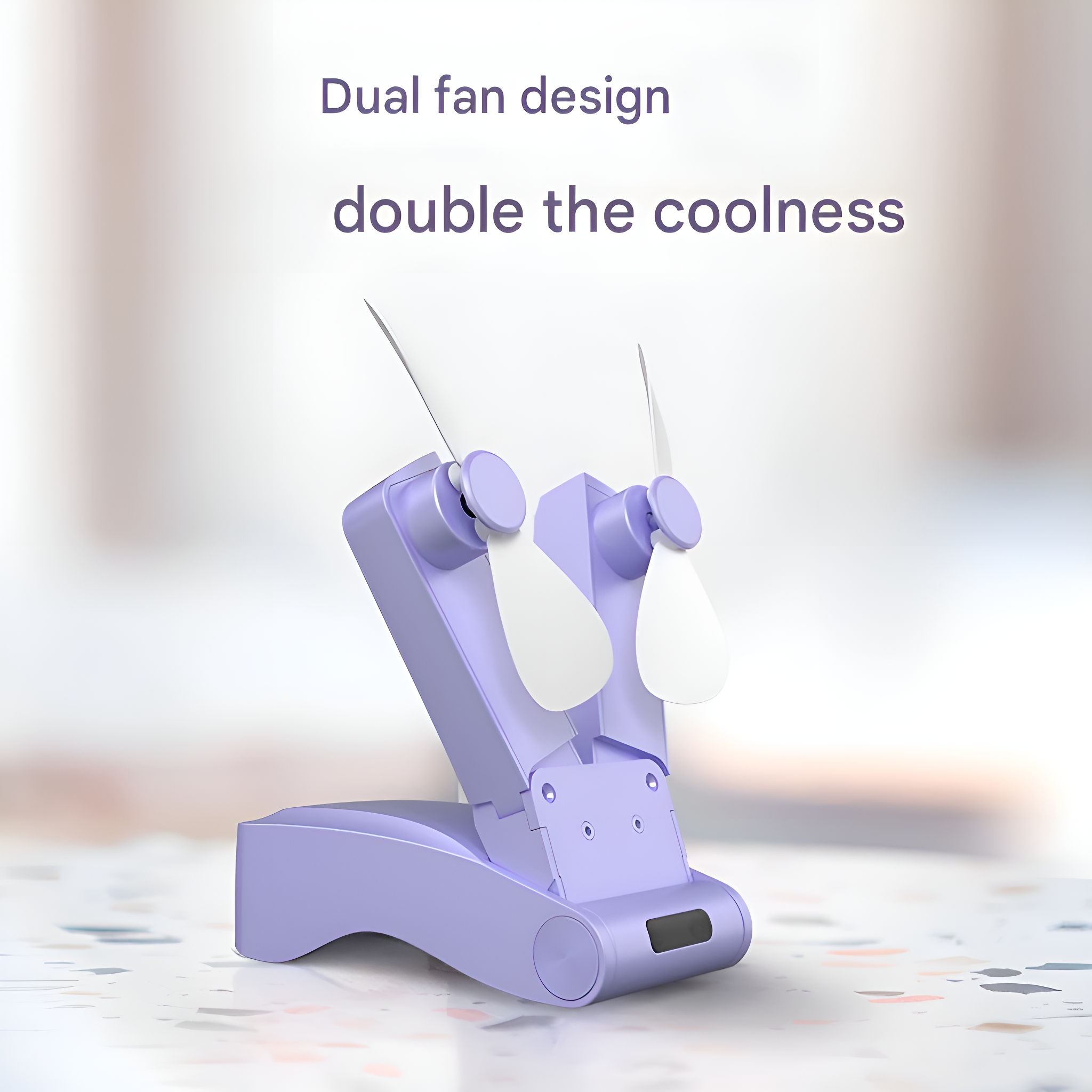 Lila Ventilator mit zwei Flügeln. Text: Doppellüfter-Design, doppelte Kühlung.