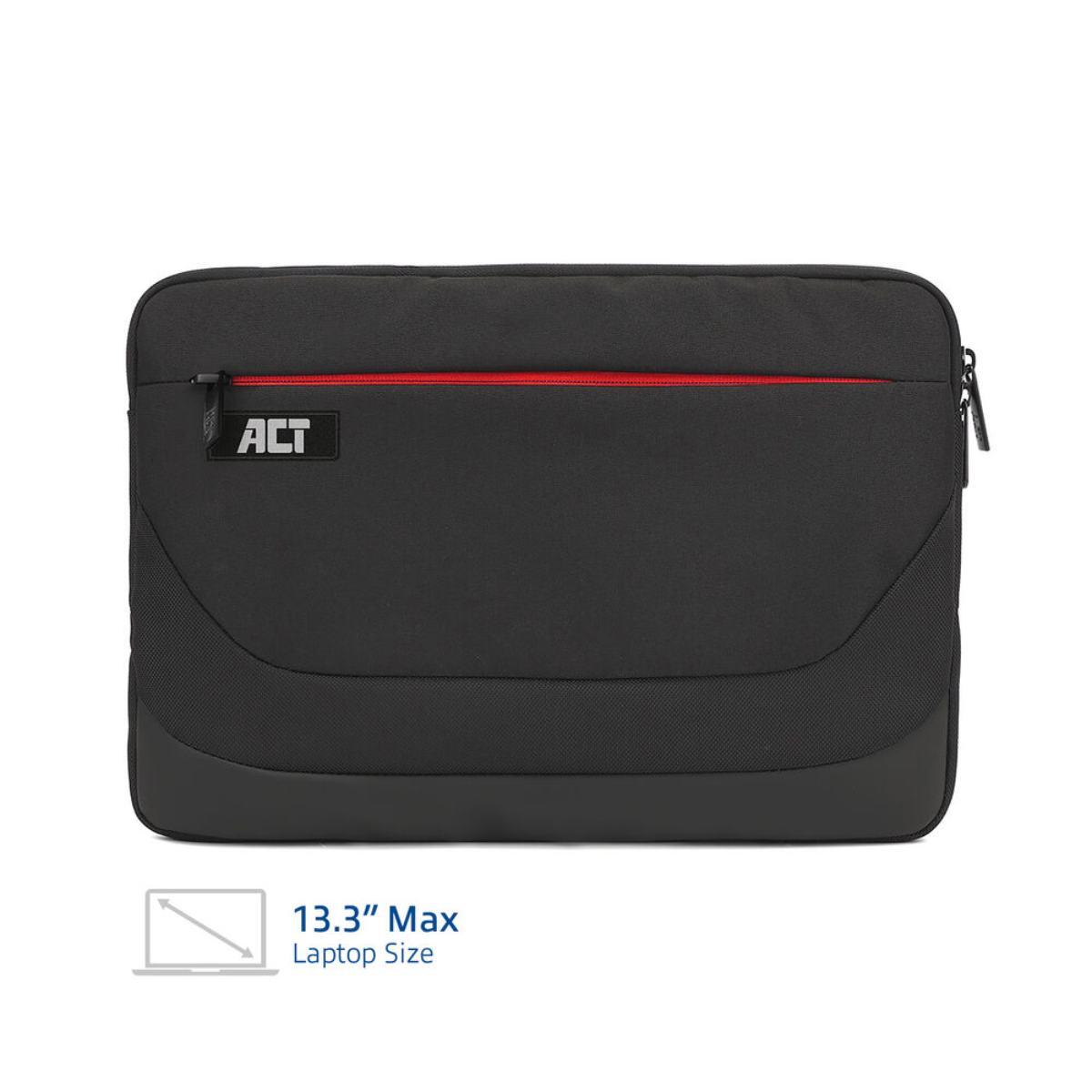 Schwarze Laptoptasche mit rotem Reißverschluss und ACT-Logo. Weißer Hintergrund.