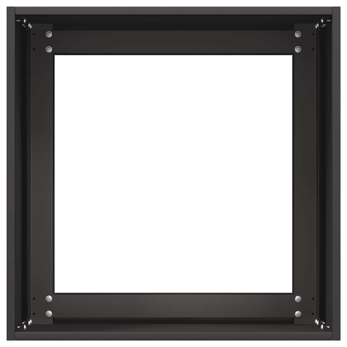 Una cornice quadrata nera con interno bianco. Quattro fori per viti sono visibili.