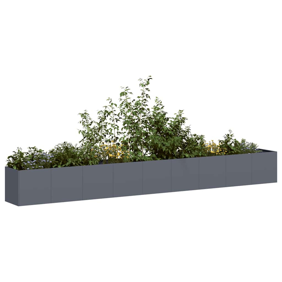 Un lungo fioriera rettangolare grigia piena di piante verdi e fiori, su sfondo bianco.