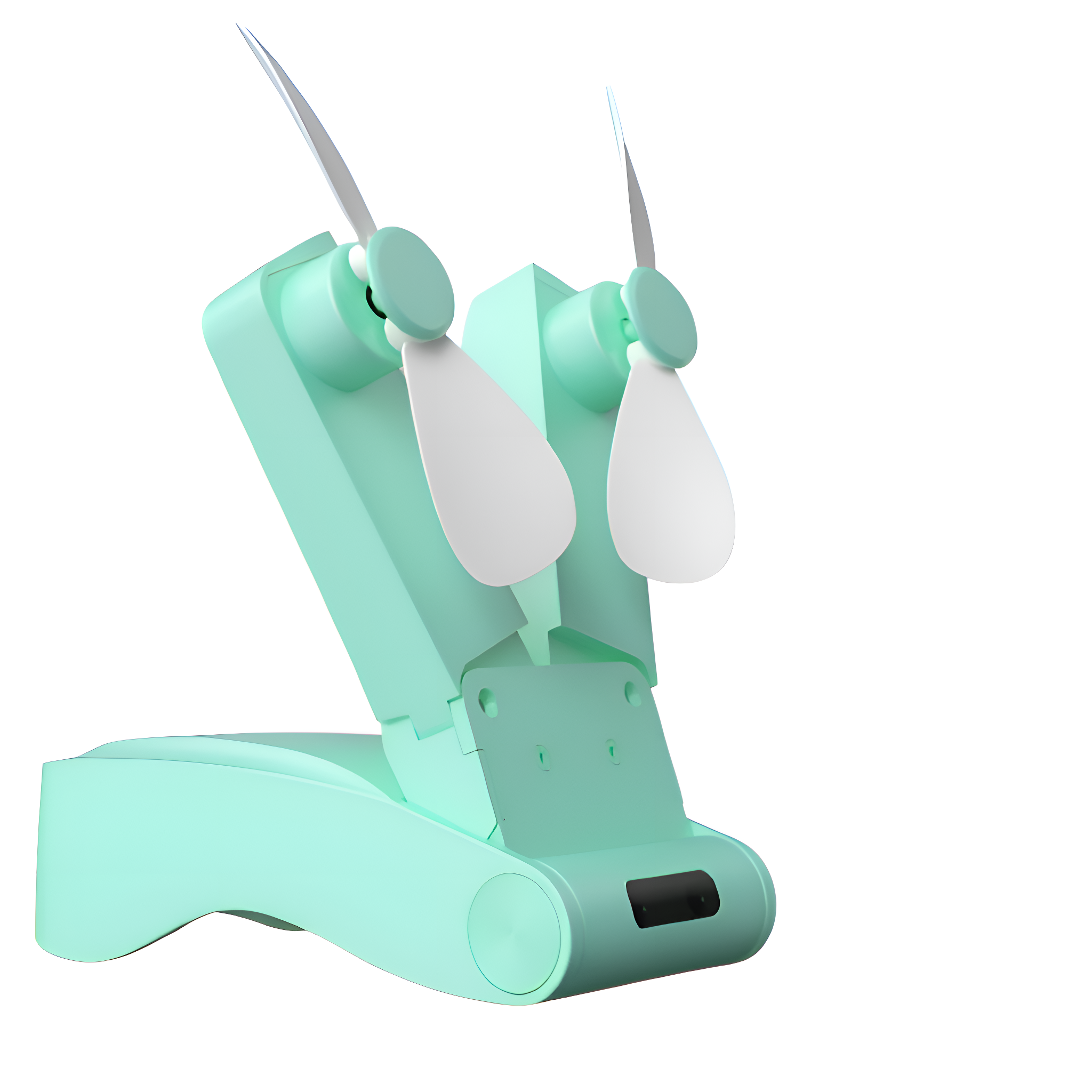 Ein mintgrüner tragbarer Ventilator mit zwei weißen Flügeln. Es ist auf weißem Hintergrund.