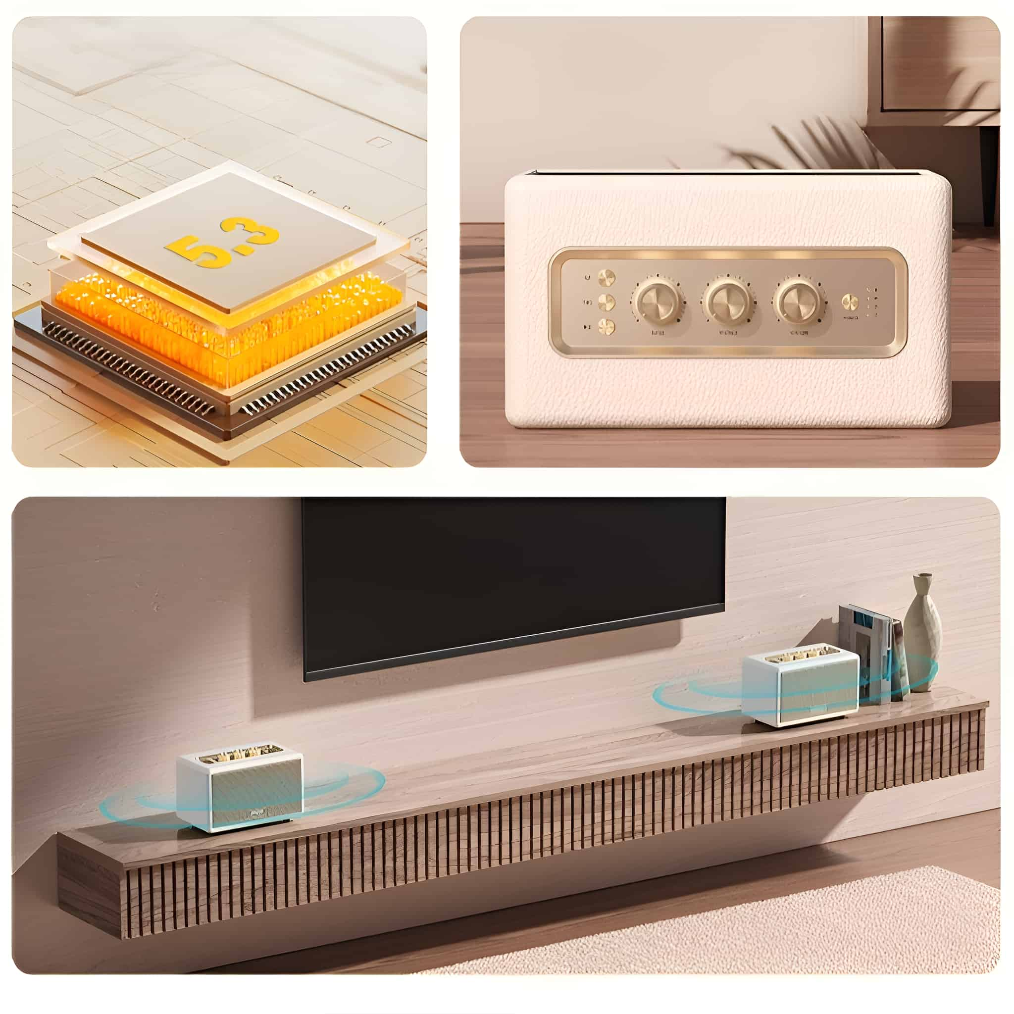 Drei Bilder mit elektronischen Geräten: ein Prozessor, ein Lautsprecher und ein Lautsprecher-Setup mit TV.