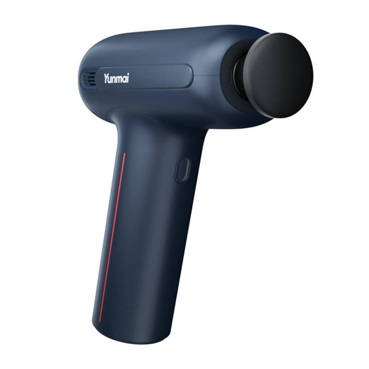 Una pistola per massaggio blu navy con una testina per massaggio nera. Ha una striscia rossa e il marchio.