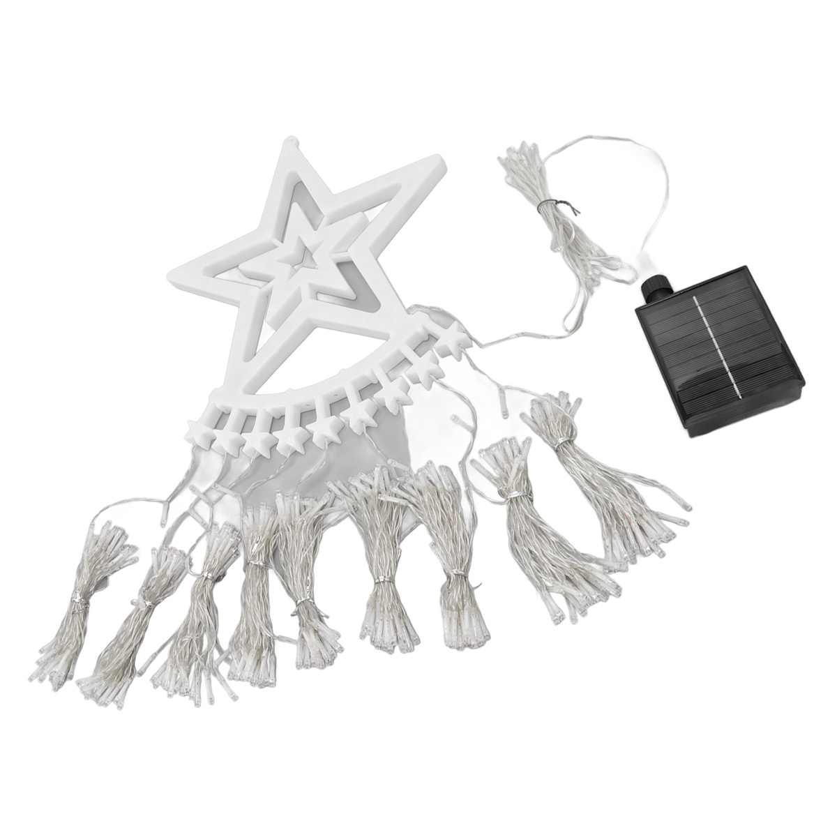 Weißer sternförmiger Weihnachtsbaumschmuck mit Solarpanel und Lichterketten.
