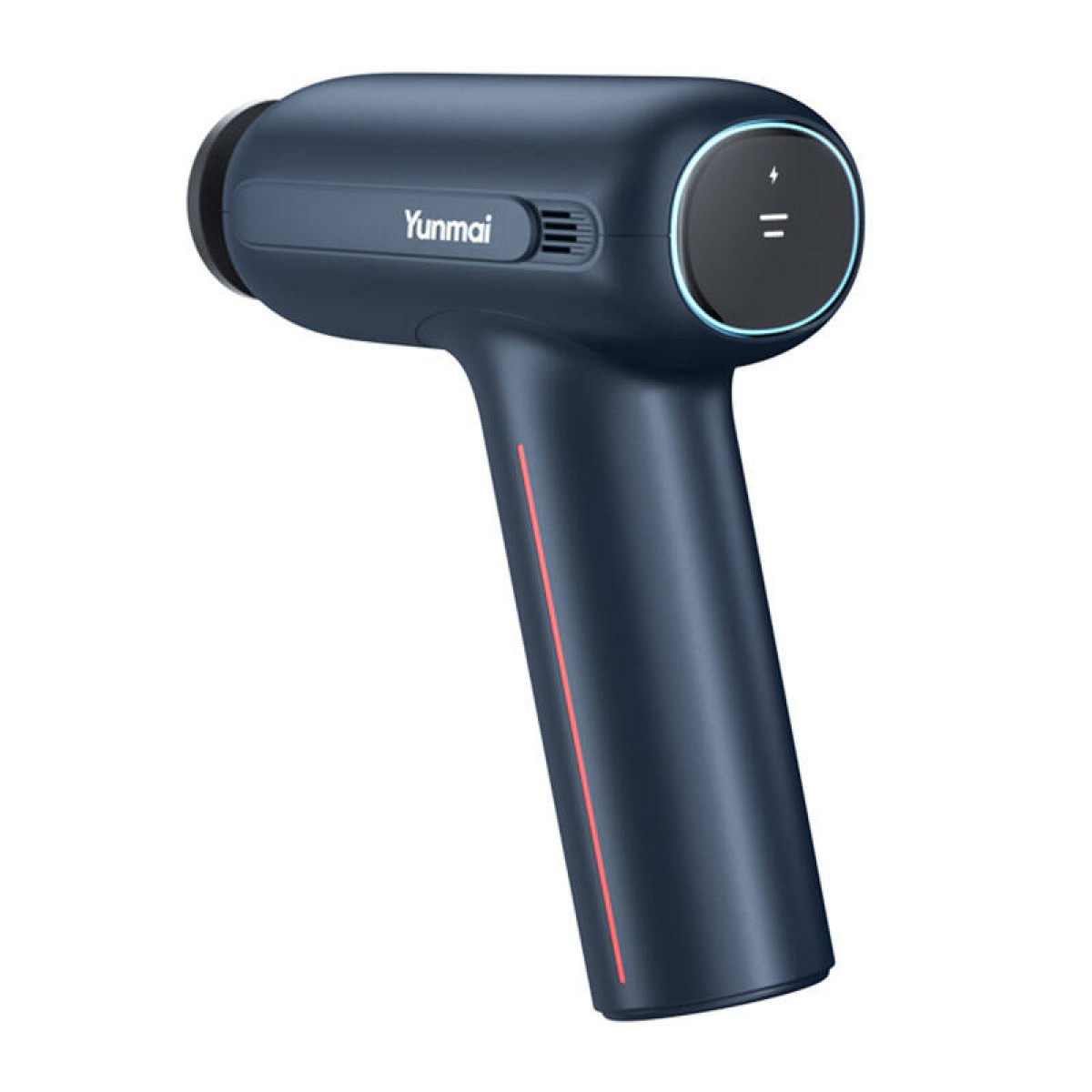 Una pistola massaggiante blu navy con striscia rossa.