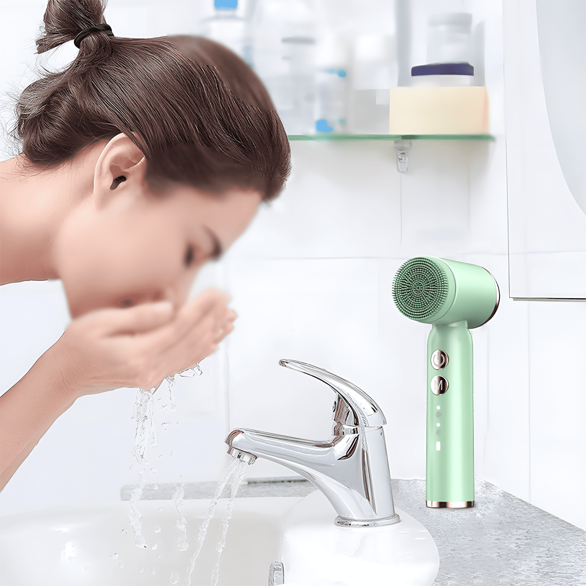 Frau wäscht Gesicht am Waschbecken. Eine grüne Gesichtsbürste steht am Wasserhahn.