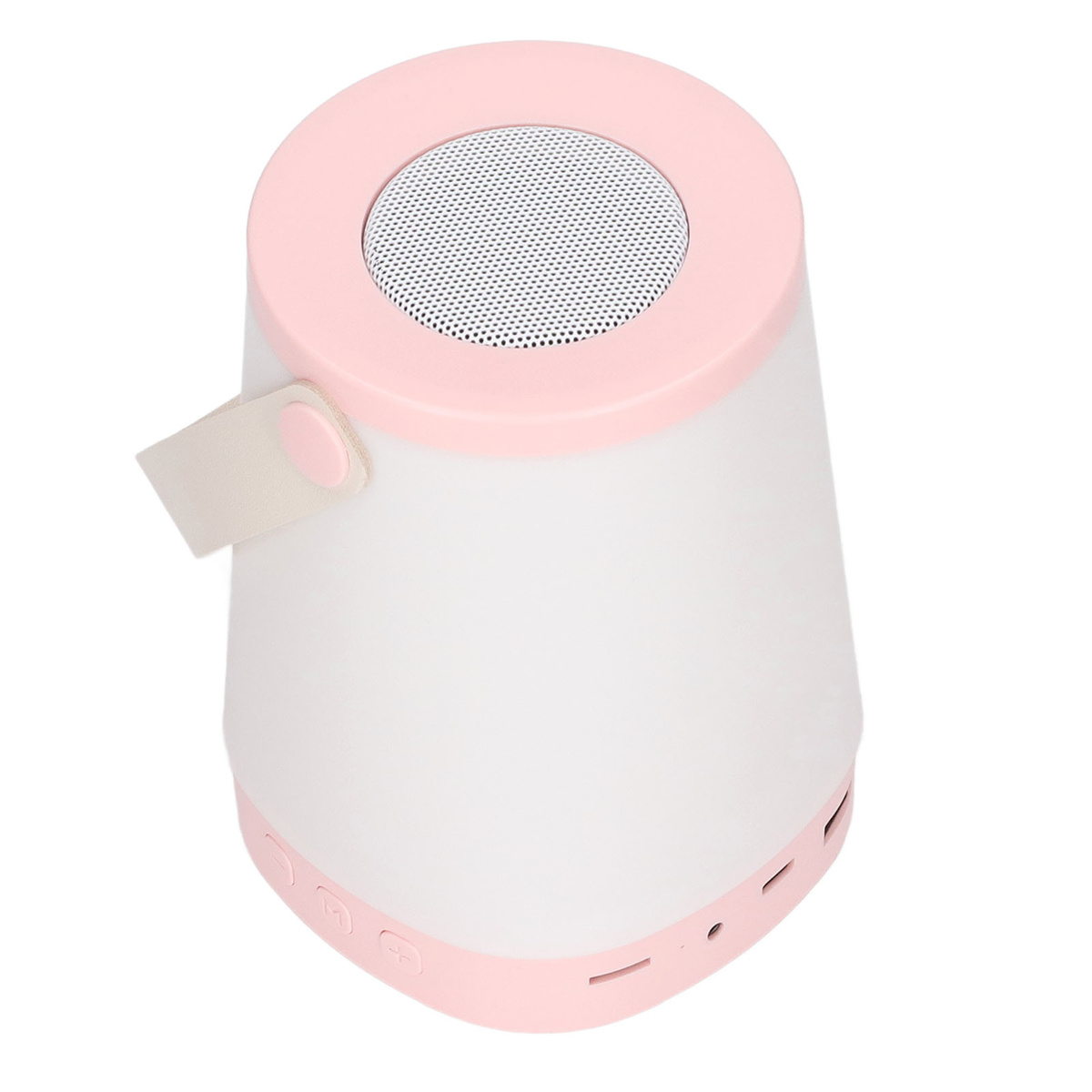 Ein rosa-weißer Lautsprecher mit Griff und Knöpfen auf weißem Hintergrund, Draufsicht.
