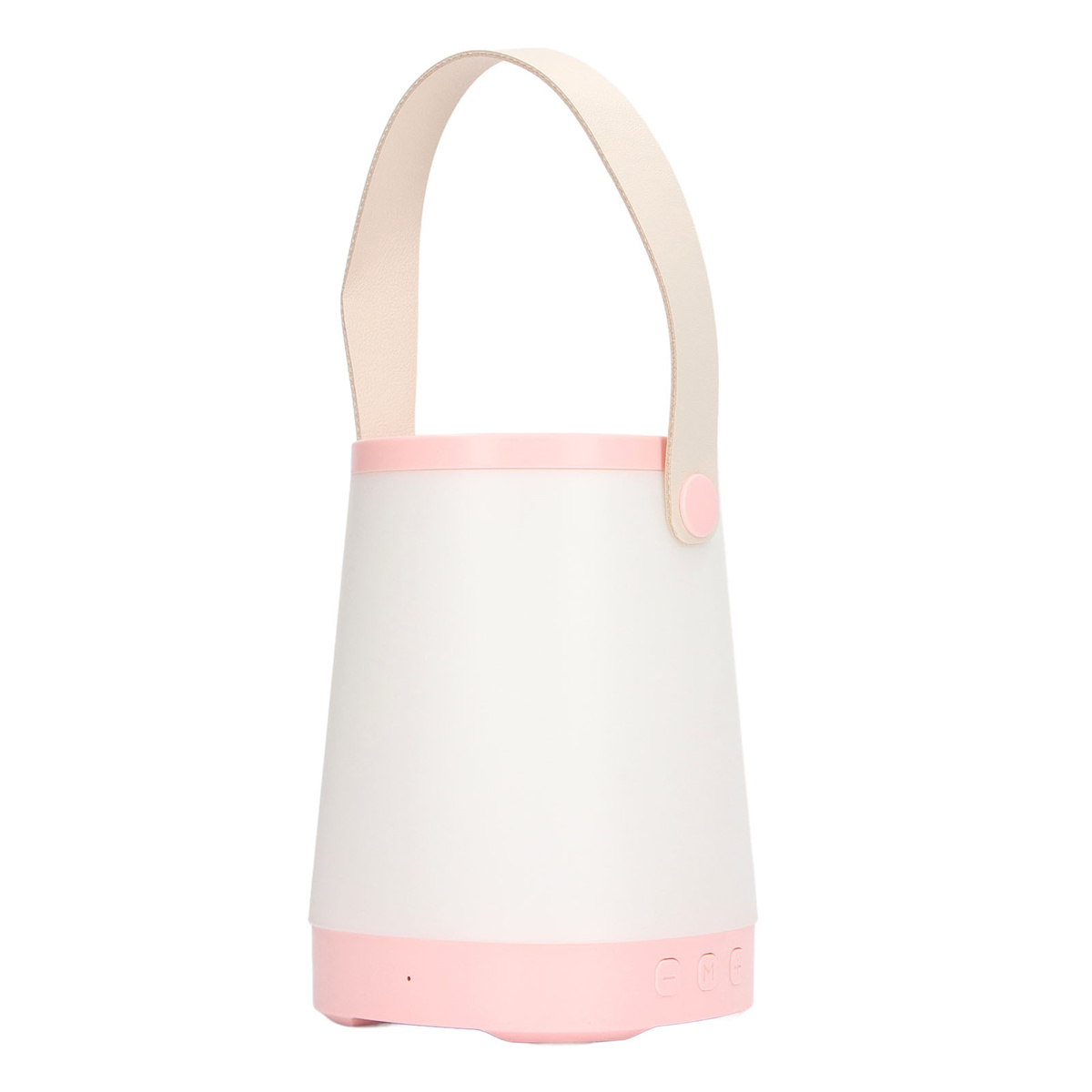Weiße und rosa Lampe mit Henkel. Rosa Sockel. Isoliert auf weißem Hintergrund.