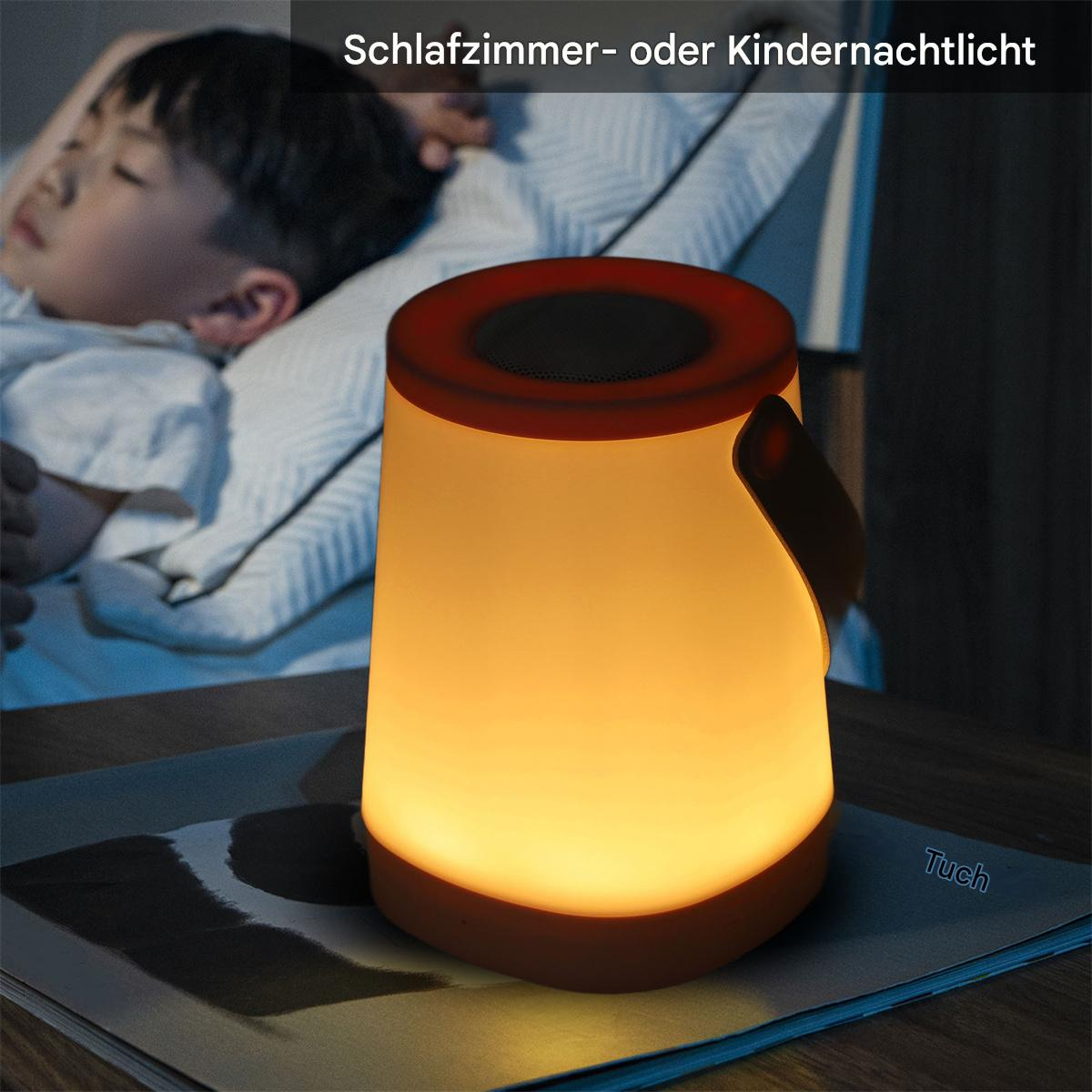 Eine orangefarbene Lampe auf einem Tisch, im Hintergrund ein schlafendes Kind. Text: Schlafzimmer- oder Kindernachtlicht.