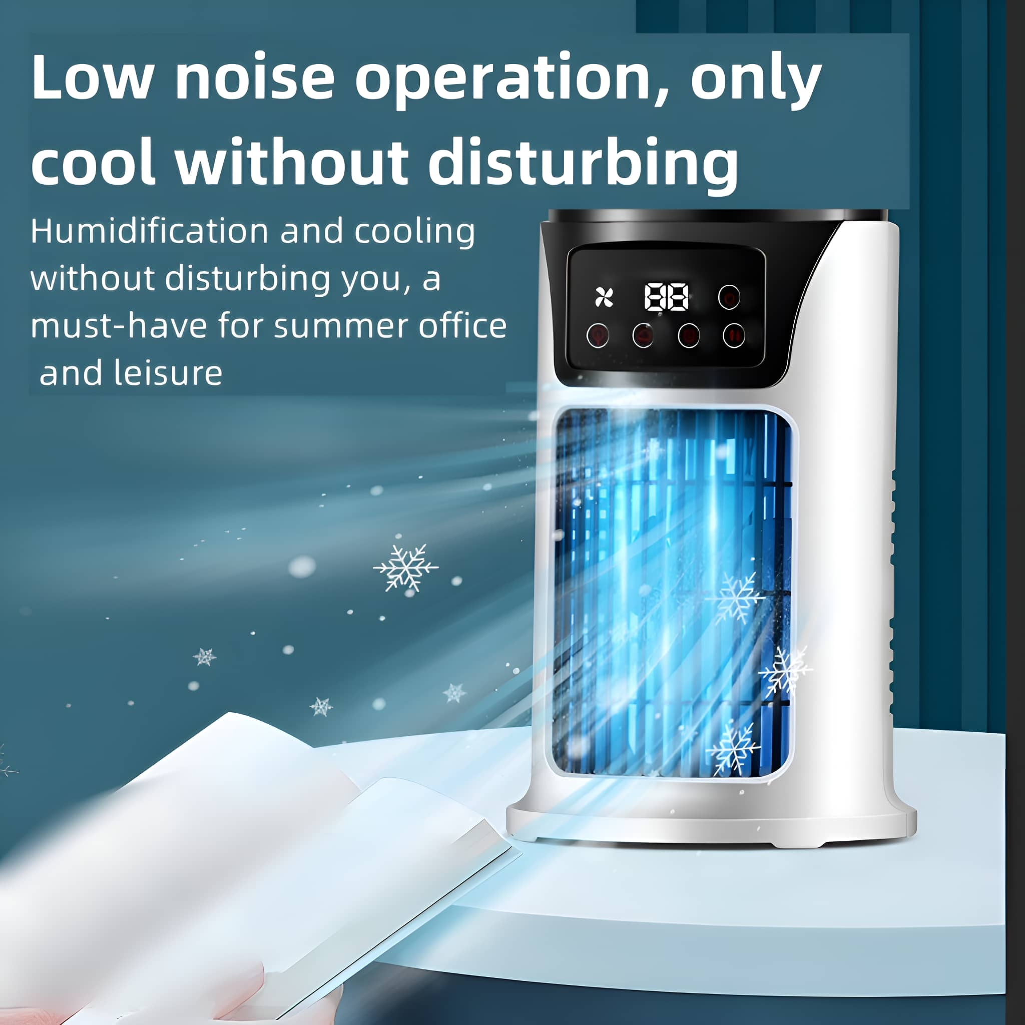 Weiß-schwarzer Desktop-Ventilator mit blauen Lichtern und Schneeflocken-Symbolen. Text vorhanden.