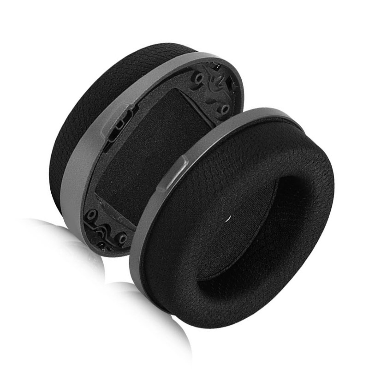 Dwie czarne i szare słuchawki, pokazujące wewnętrzne mechanizmy.