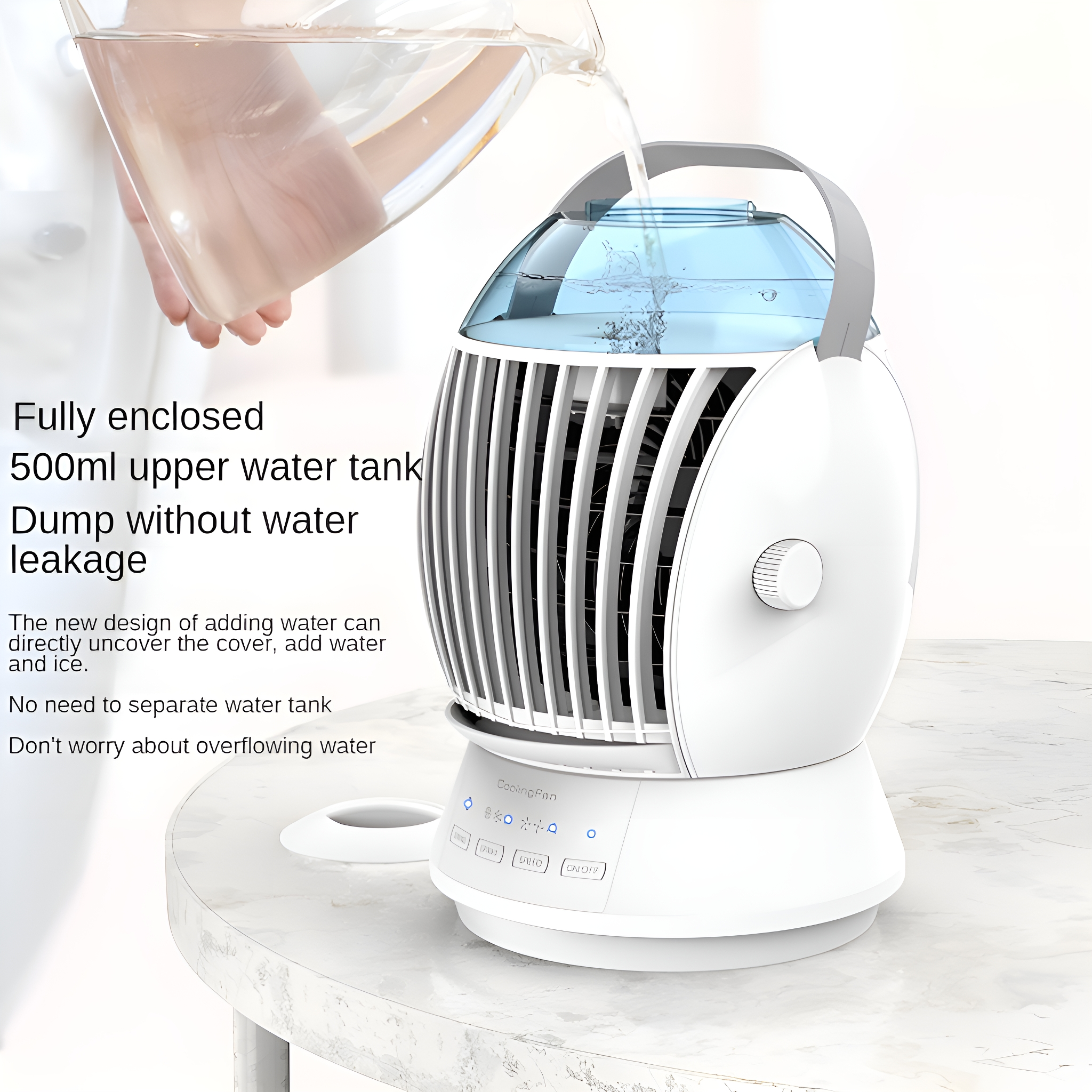 Weißer, tragbarer Wasserkühler mit blauem Deckel.