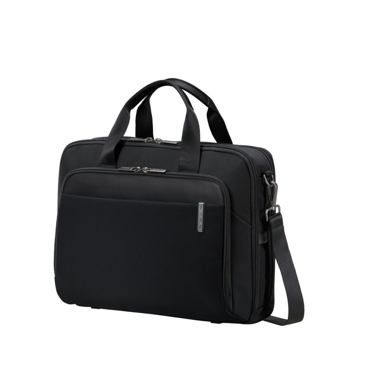 Eine schwarze Samsonite-Aktentasche mit Griff, Schulterriemen und Vordertasche.