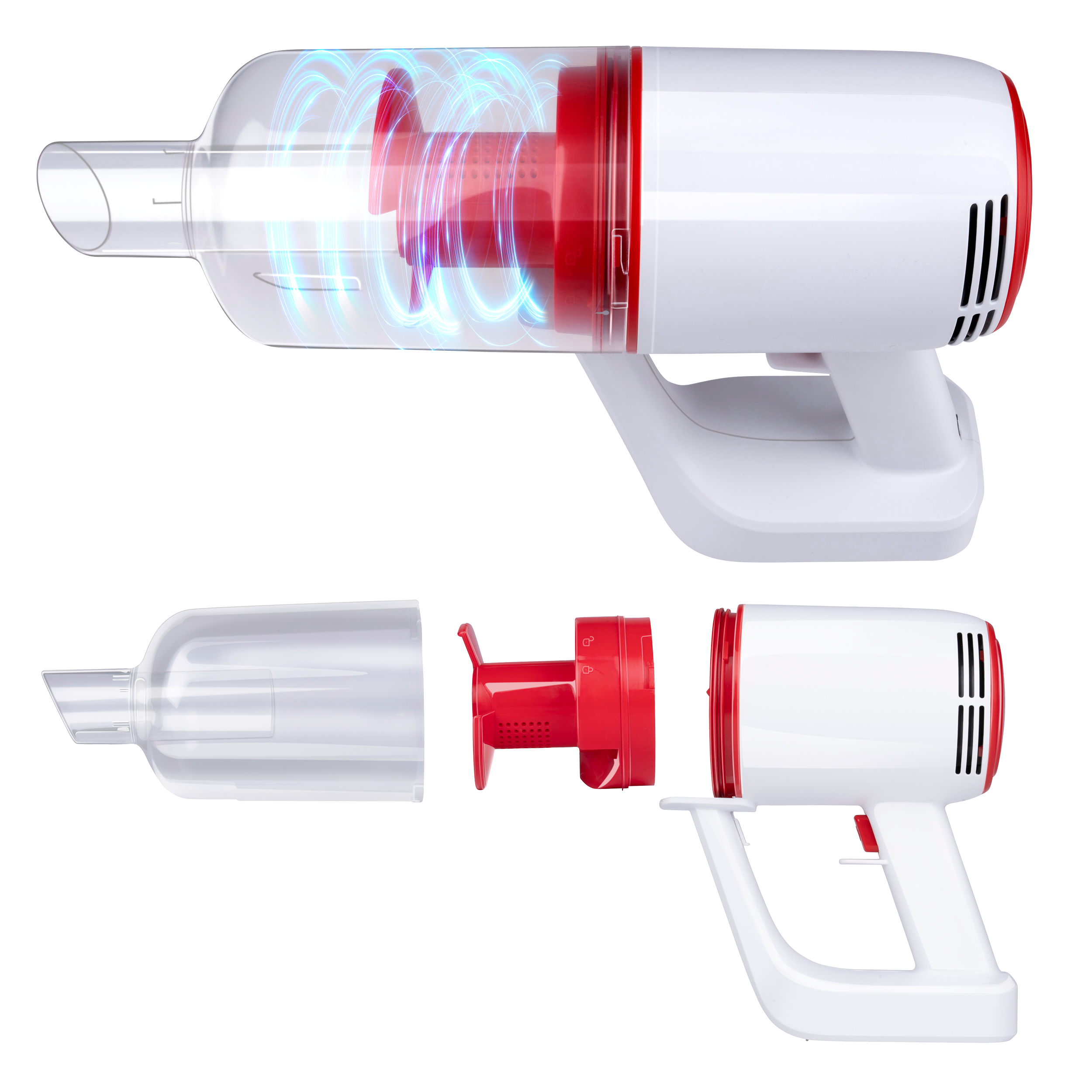 Aspirateur blanc et rouge. Une image montre l'unité assemblée, l'autre la montre démontée.