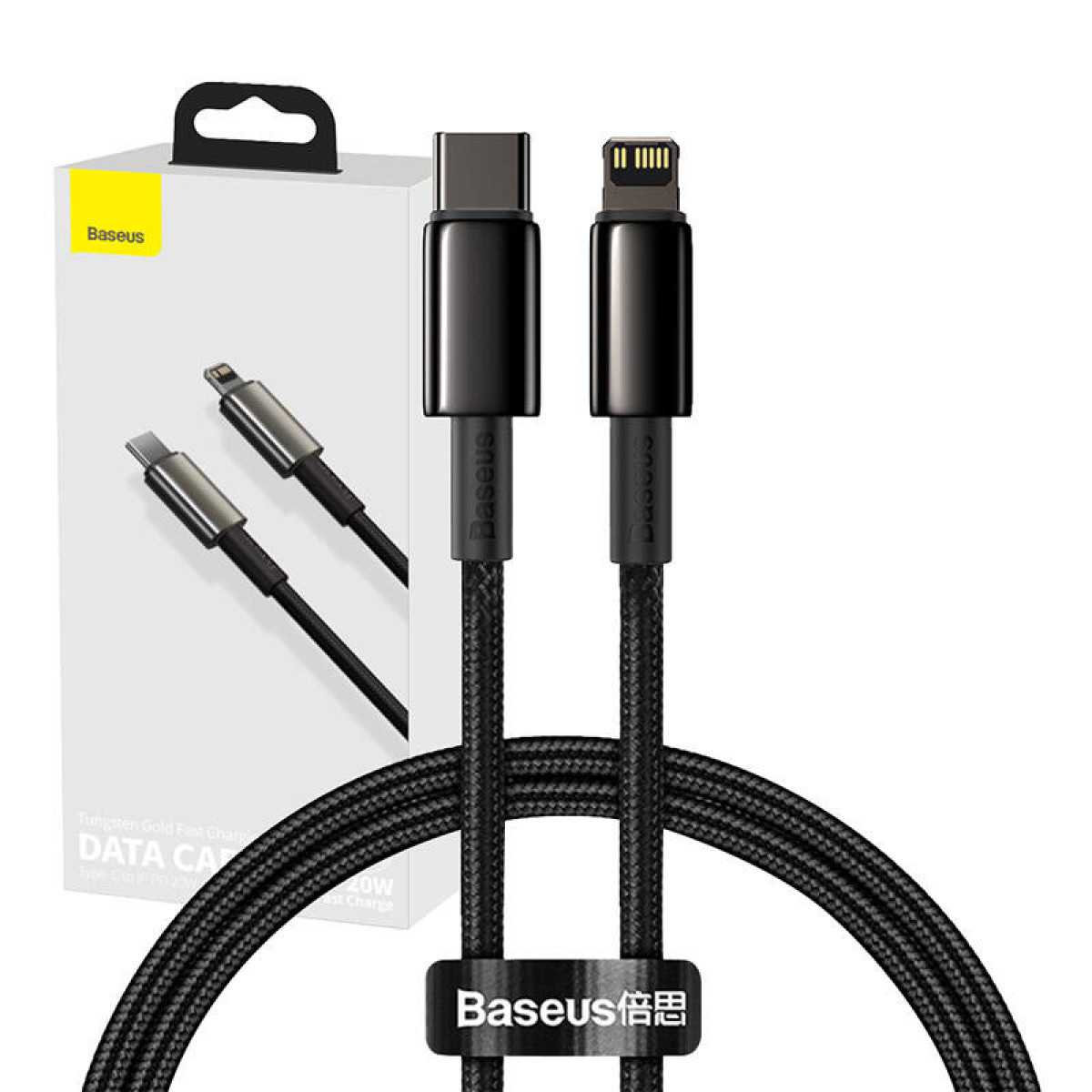 Ein Baseus-Datenkabel mit USB-C- und Lightning-Anschlüssen. Es ist schwarz mit einem gewebten Kabel und wird mit einer Box geliefert.