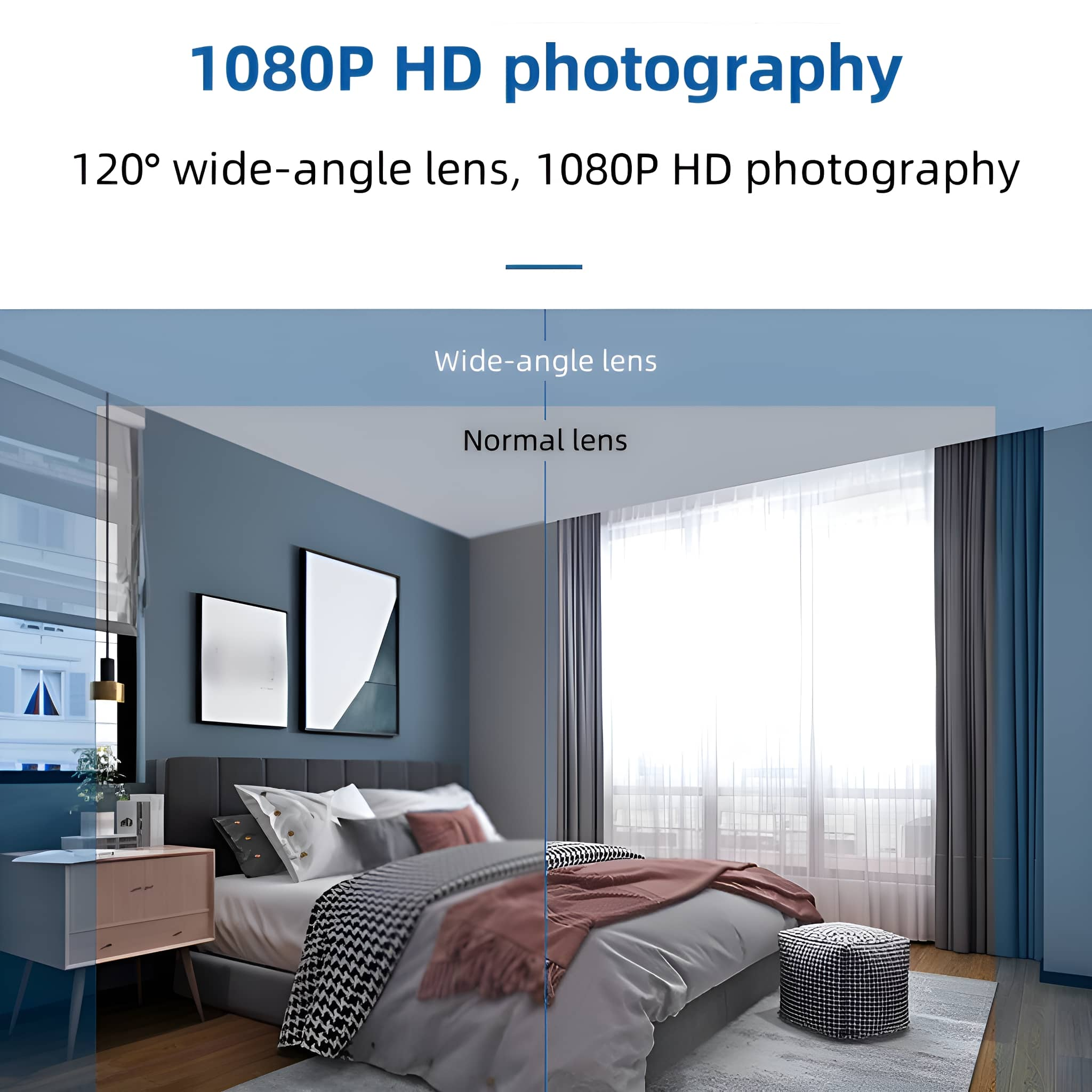 Schlafzimmer mit Weitwinkelobjektiv und Normalobjektiv nebeneinander.