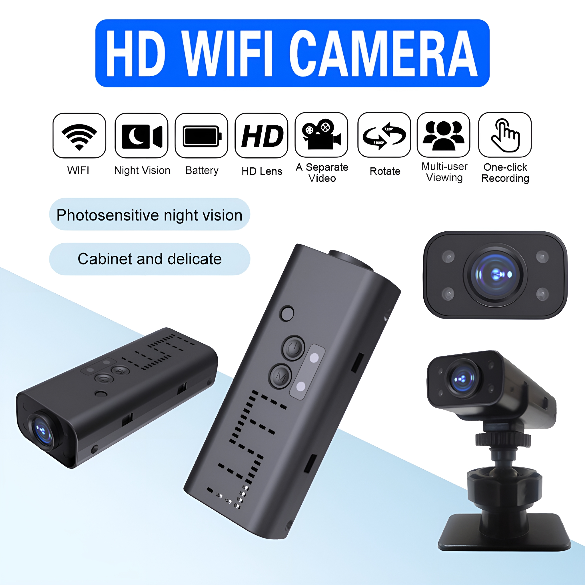 Mehrere HD-WLAN-Kameras und -Symbole. Die Kameras sind schwarz, die Symbole blau.