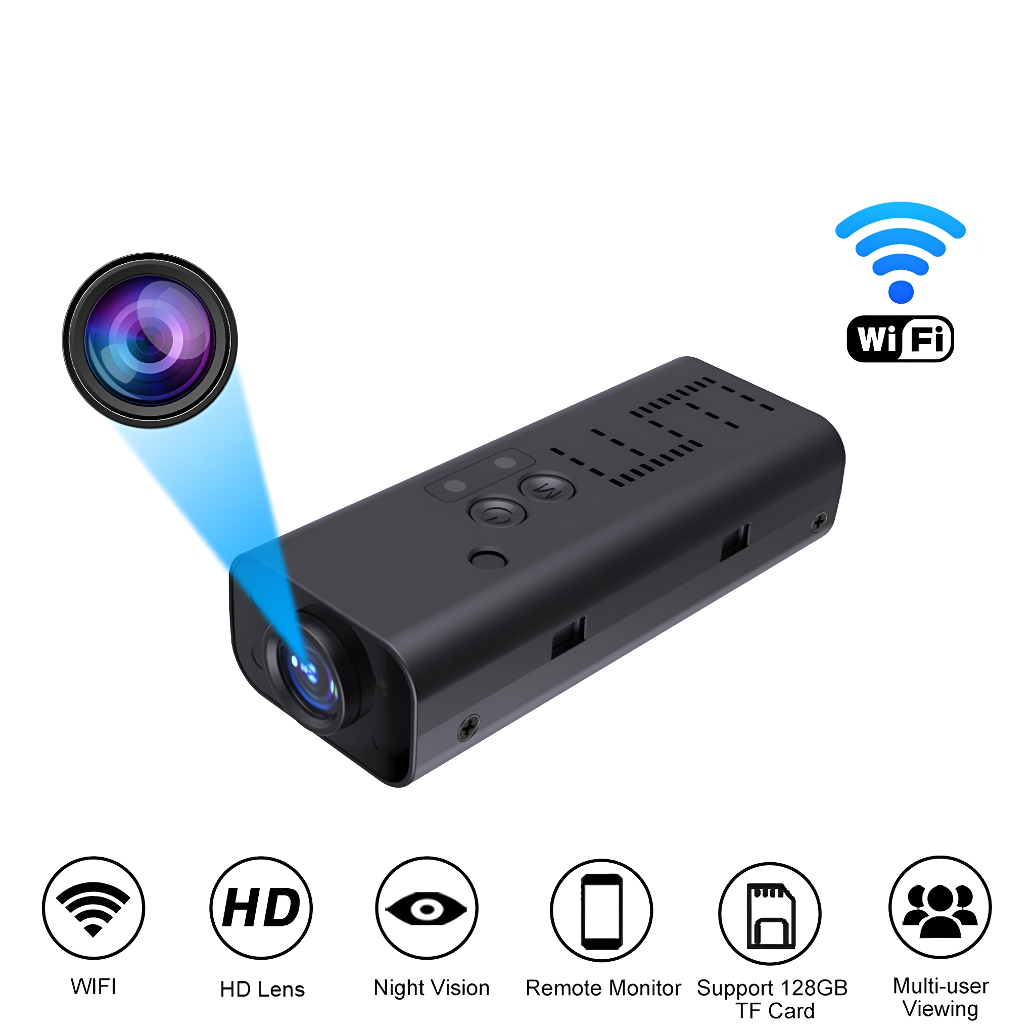 Eine schwarze Überwachungskamera mit WLAN, HD-Objektiv, Nachtsicht und anderen Icons.