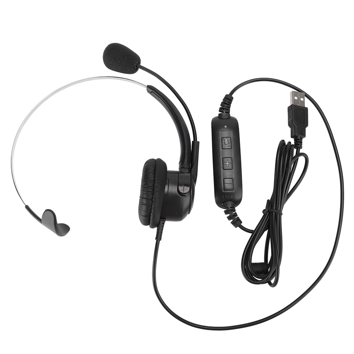 Schwarzes Headset mit Mikrofon, USB-Kabel und Steuermodul.