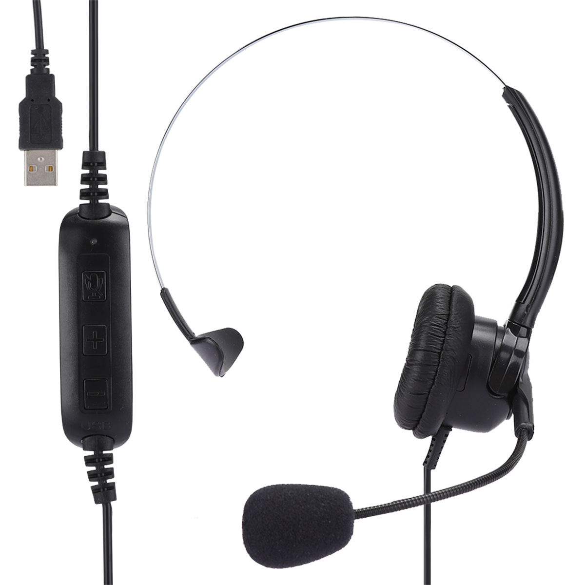 Schwarzes Headset mit USB-Anschluss und Bedienfeld. Mikrofon und Ohrhörer sichtbar.