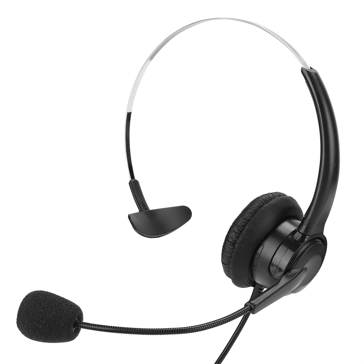 Schwarzes Headset mit Mikrofon. Es hat einen flexiblen Bügel und ein Kopfband.