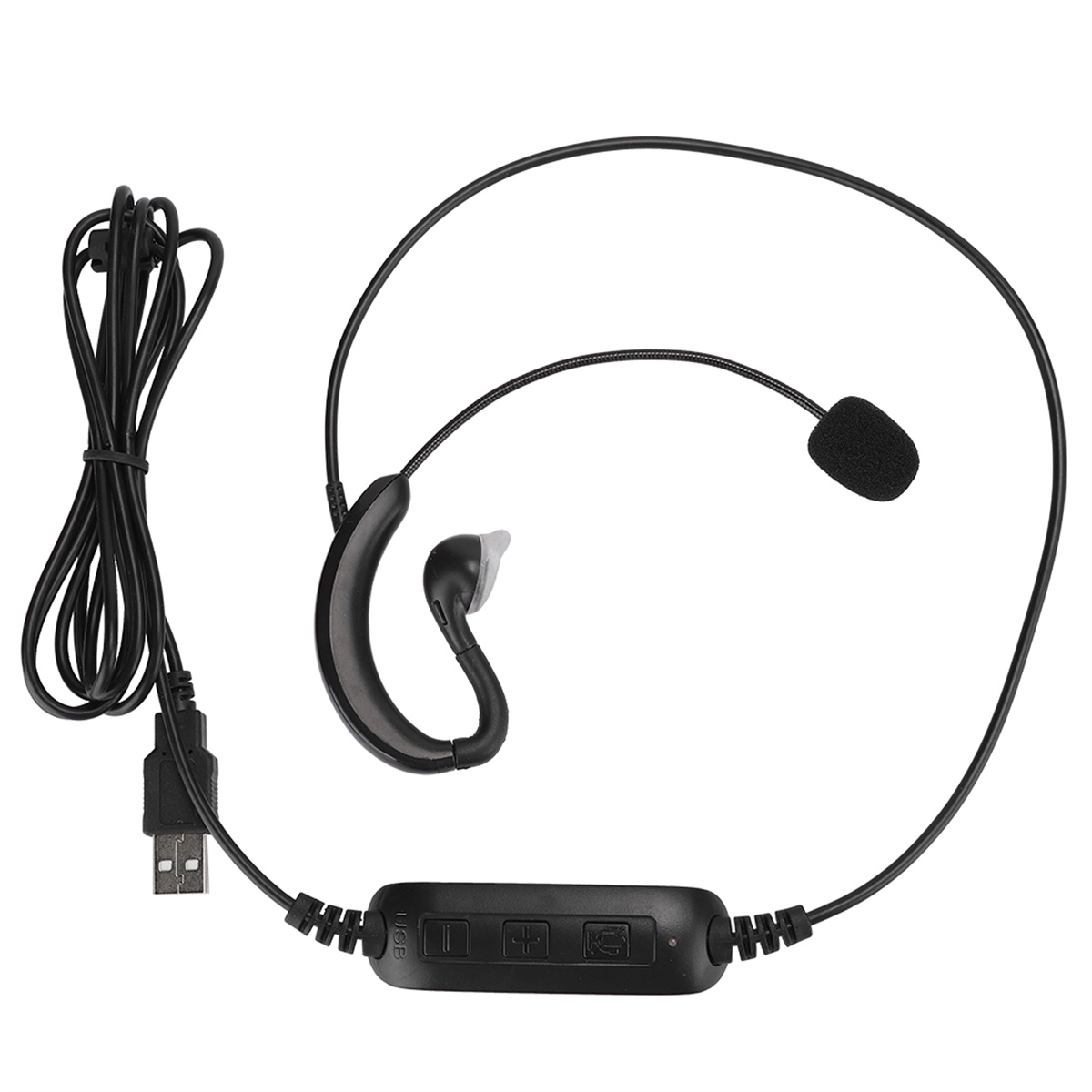 Schwarzes Headset mit Mikrofon. USB-Kabel und Bedienfeld. Ohrhörer und Mikrofon an einem schwarzen Draht.