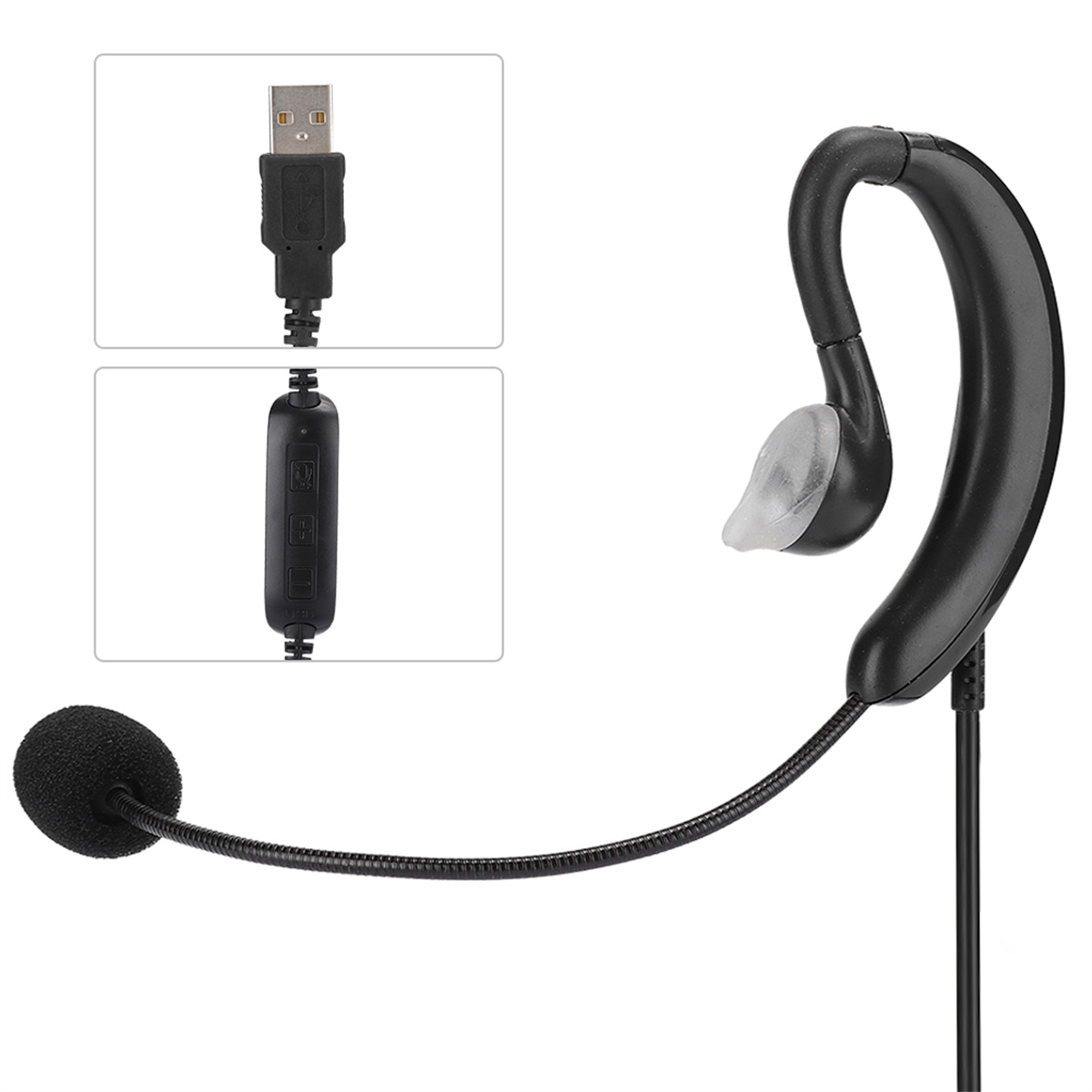 Ein schwarzes Headset mit USB-Anschluss, Bedienfeld und Mikrofon.