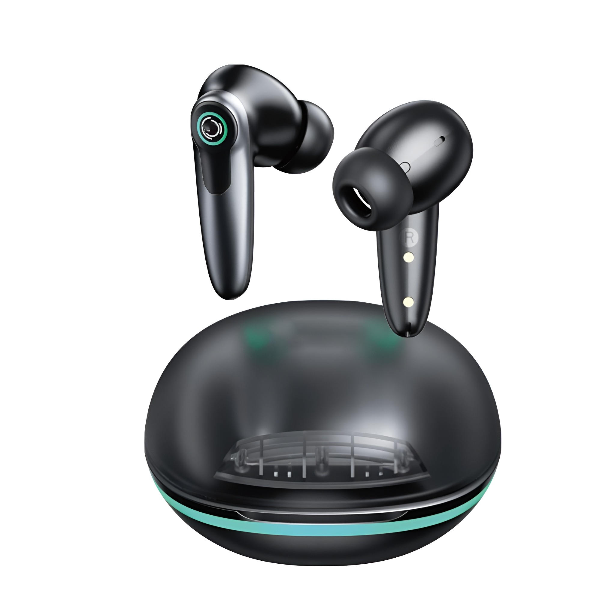Schwarze kabellose Ohrhörer mit Ladecase. Die Ohrhörer befinden sich oben auf dem runden Ladecase.