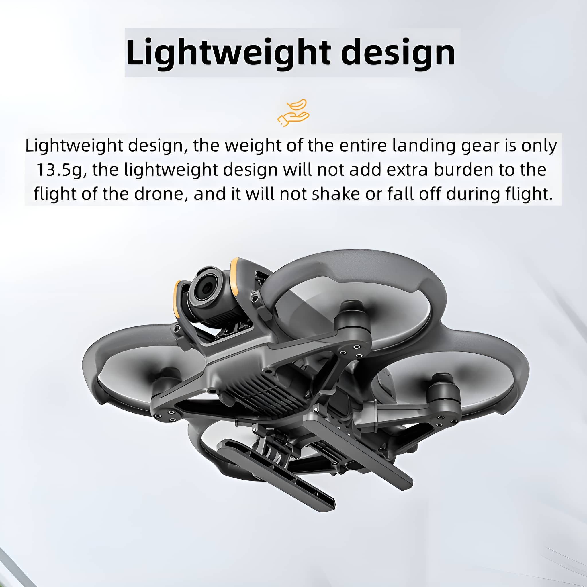 Eine Drohne mit vier Propellern. Text: Leichtes Design. Das Gewicht des gesamten Fahrwerks beträgt nur 13,5 g.
