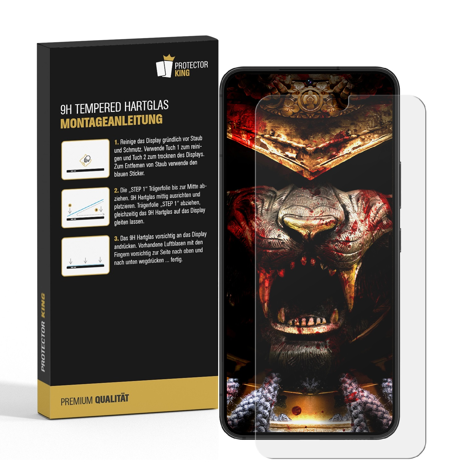 Handy-Displayschutzfolien-Box und ein Telefon mit angebrachter Displayschutzfolie, die eine Grafik zeigt.