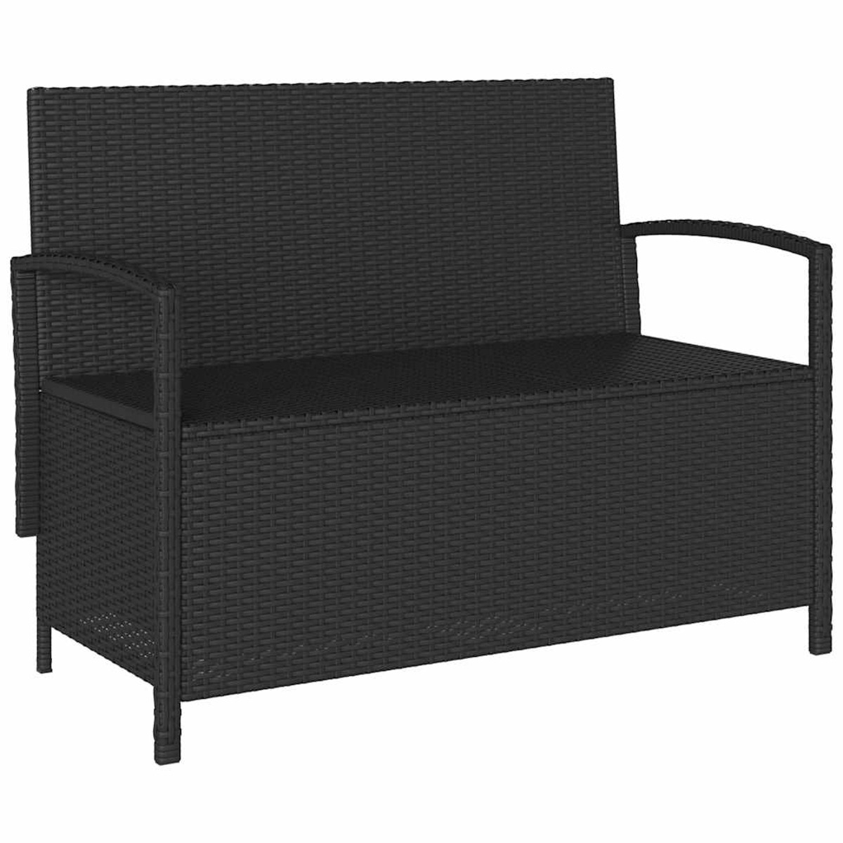 Panca nera stile rattan con vano contenitore. Due posti e braccioli curvi.
