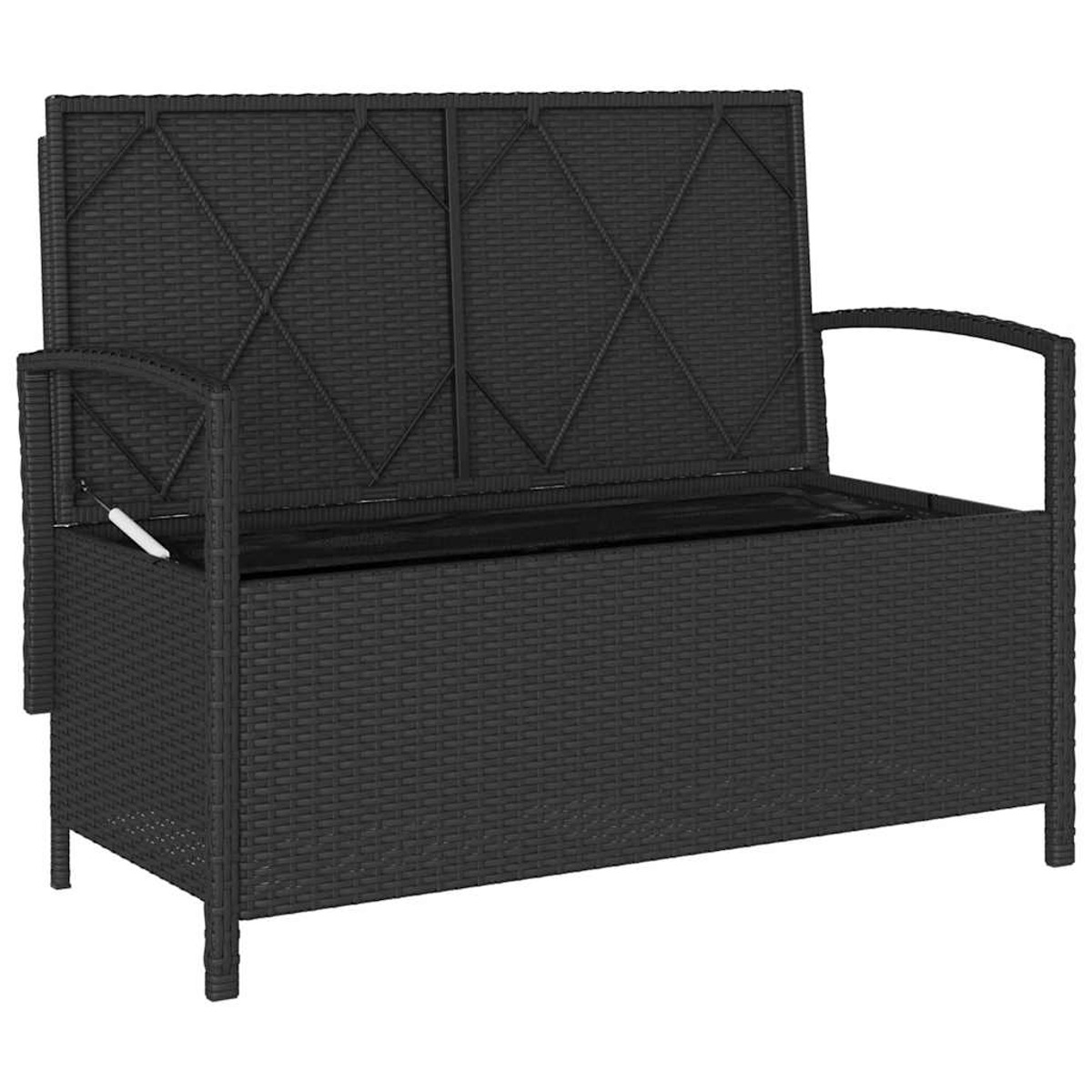 Panca contenitore in rattan nero con coperchio incernierato. Arredamento esterno.