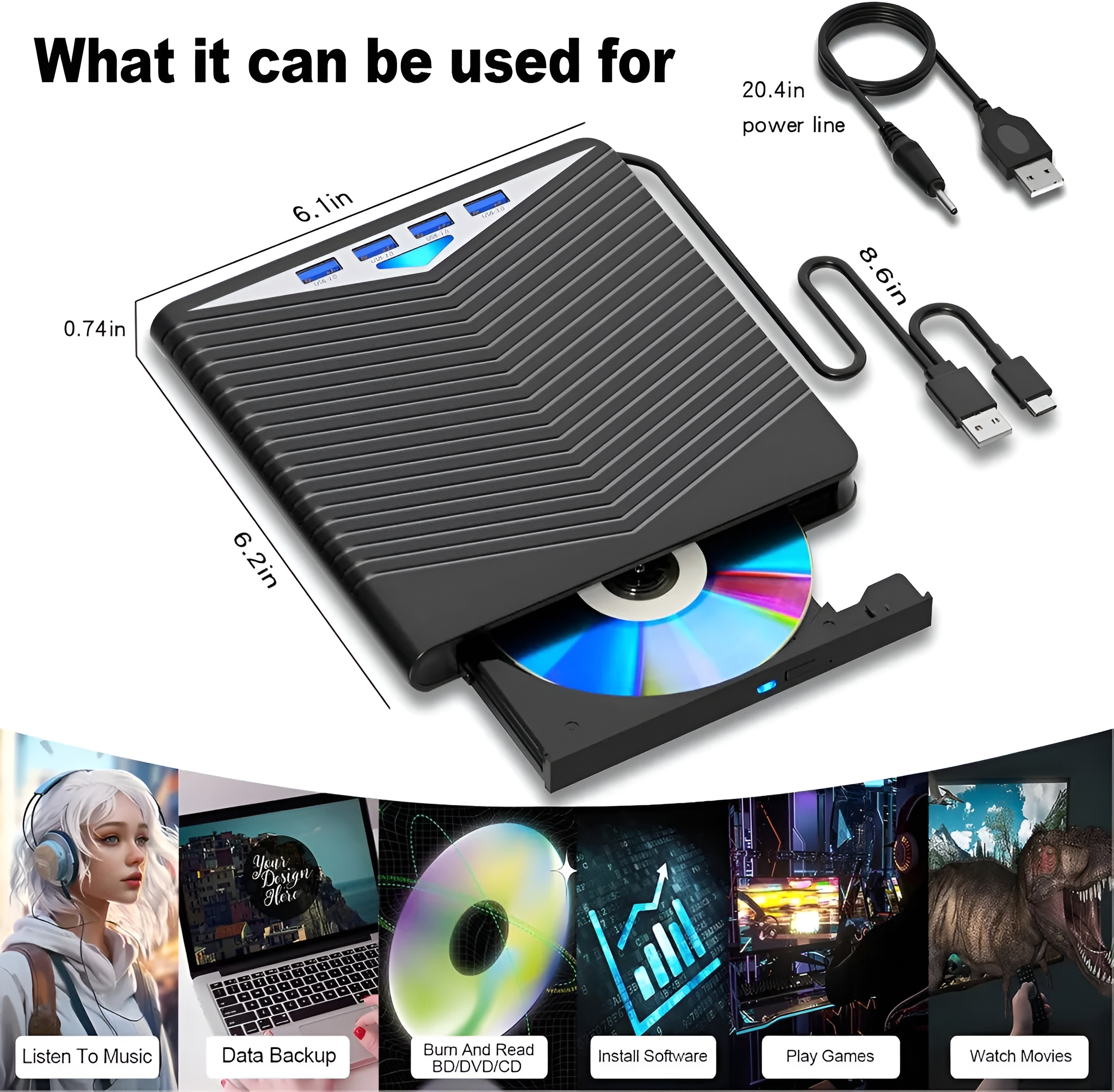Ein schwarzer DVD-Player mit einer CD im Inneren, neben Bildern von Musik, Backup, Software, Spielen und Filmen.