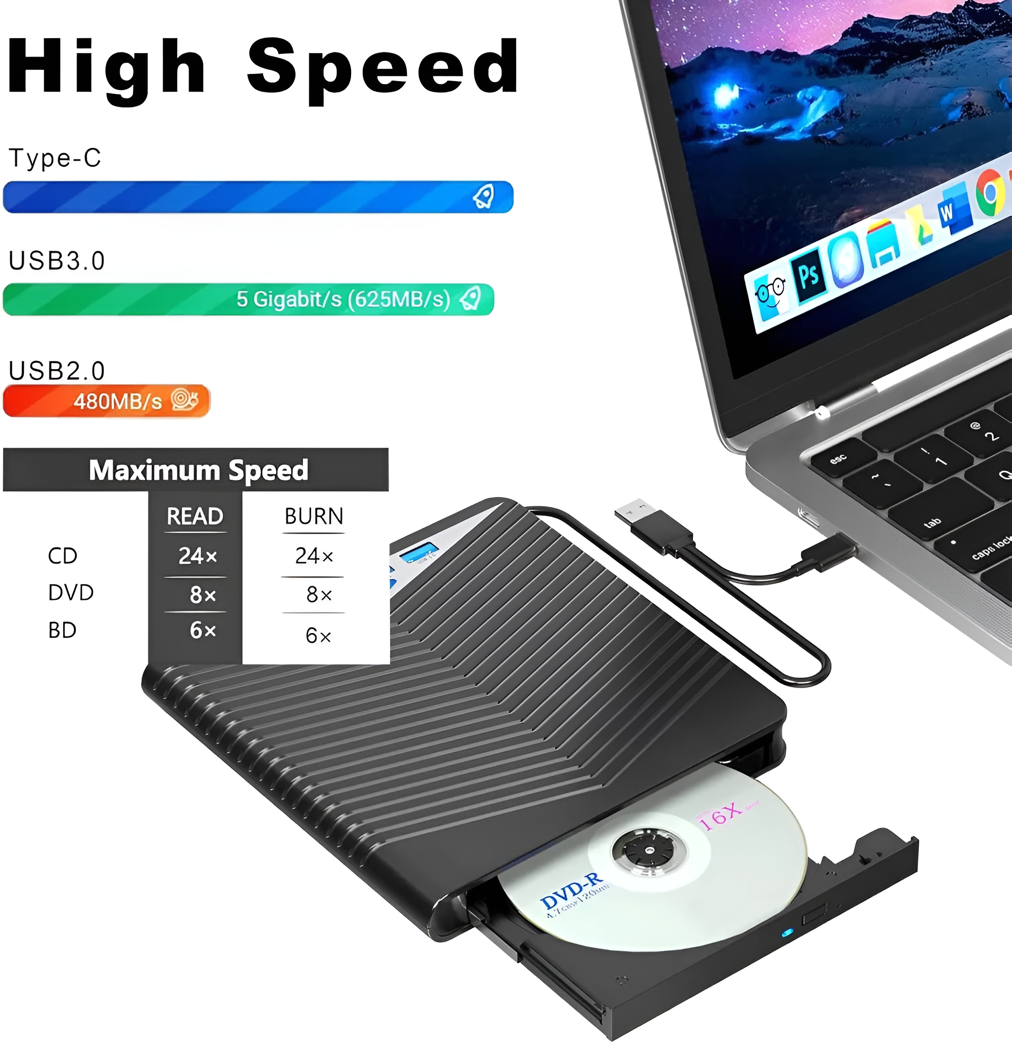 Ein Laptop mit Laufwerk und CD/DVD, neben einer Grafik mit Geschwindigkeitsinformationen.