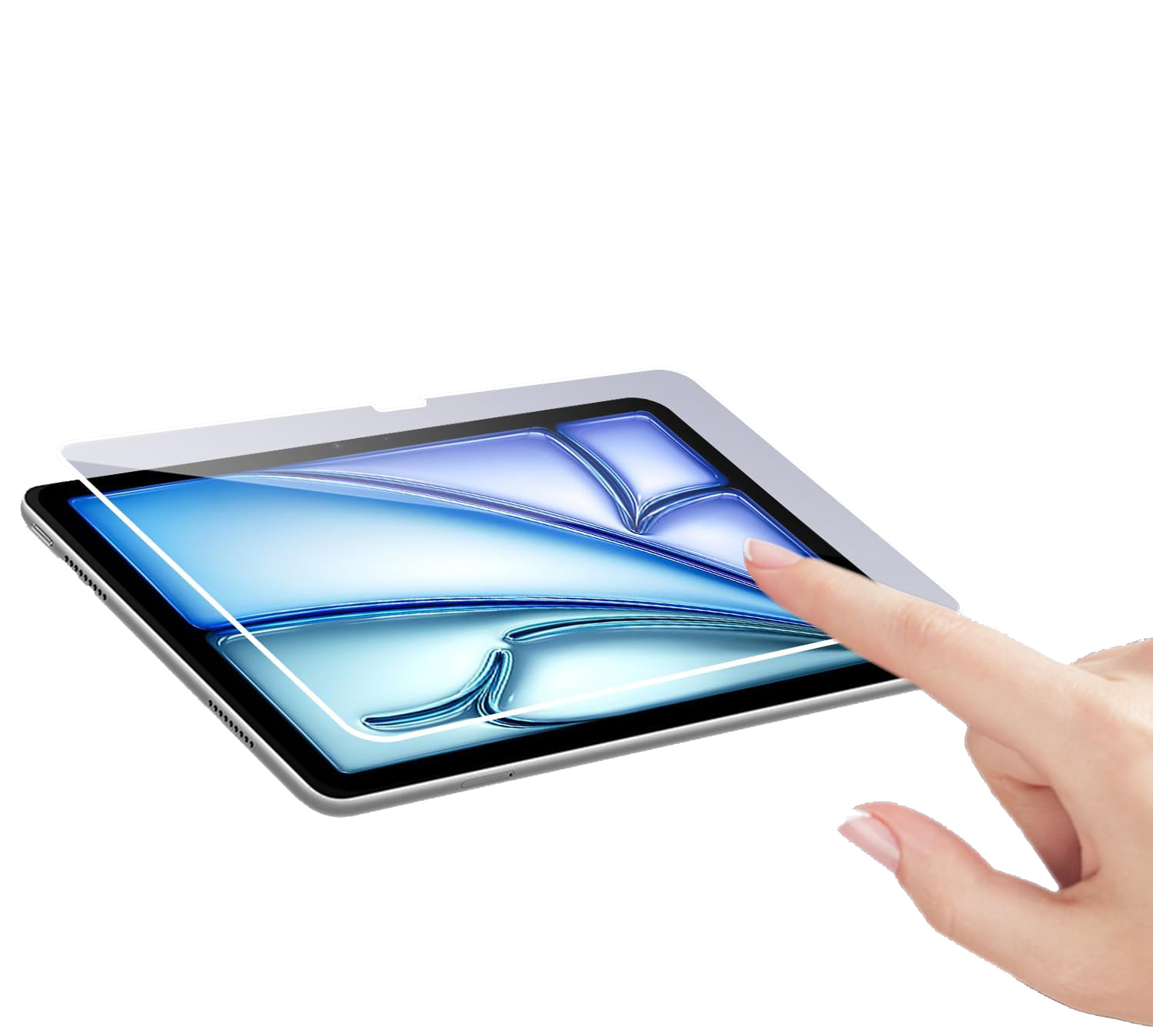 Hand platziert Displayschutz auf Tablet; zeigt den Bildschirm des Tablets.