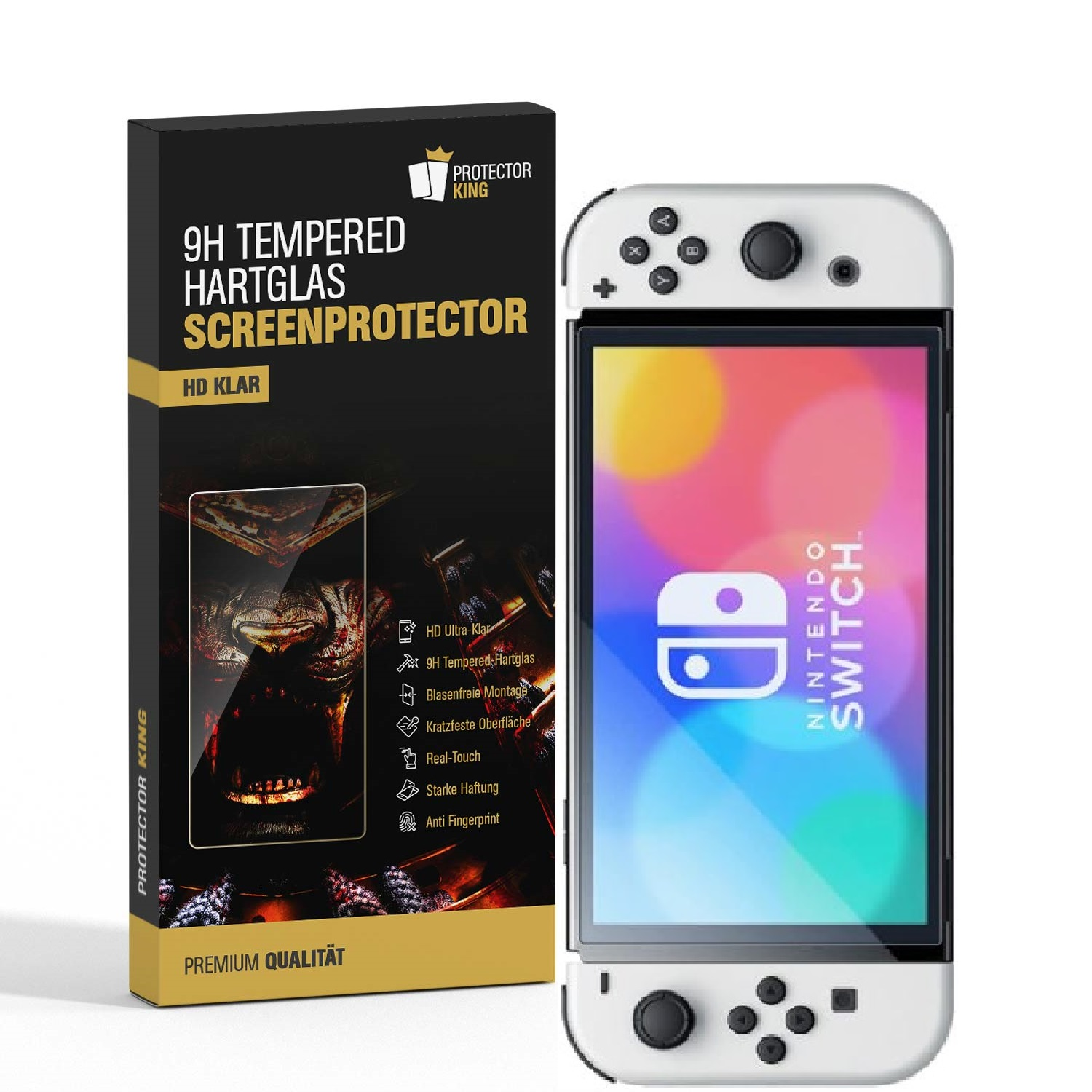 Nintendo Switch und Displayschutzbox. Die Switch ist weiß mit roten und blauen Controllern.