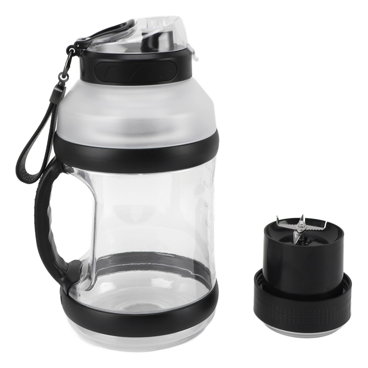 Eine Blenderflasche mit Griff und eine separate Mixbasis auf weißem Hintergrund.