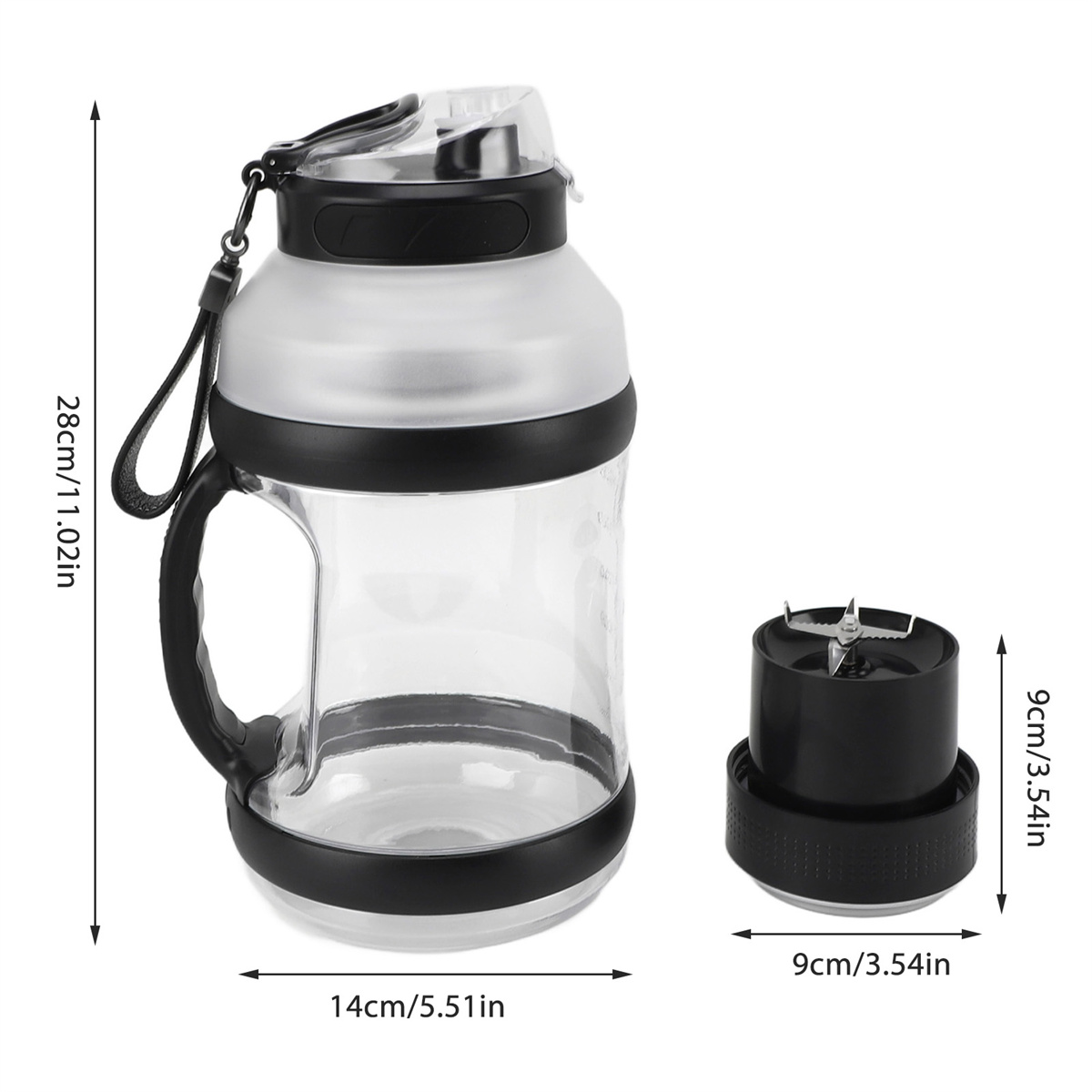 Eine Mixflasche mit Griff und einem separaten Klingeneinsatz. Enthält Abmessungen und eine Skala.