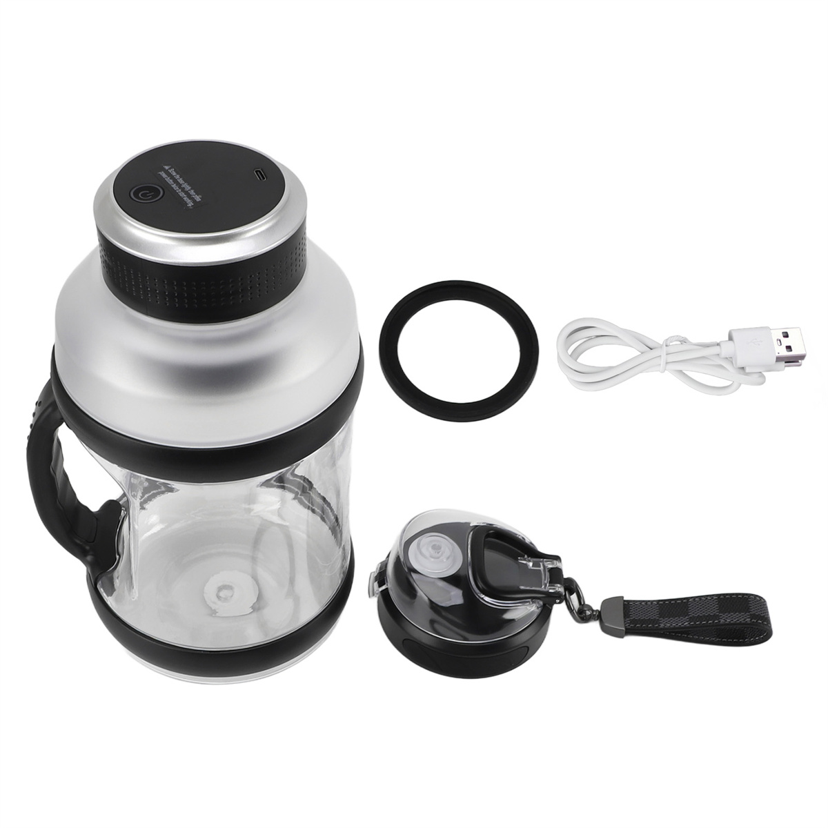 Wasserflasche mit Zubehör: ein schwarzer Ring, ein Ladekabel und ein Deckel.