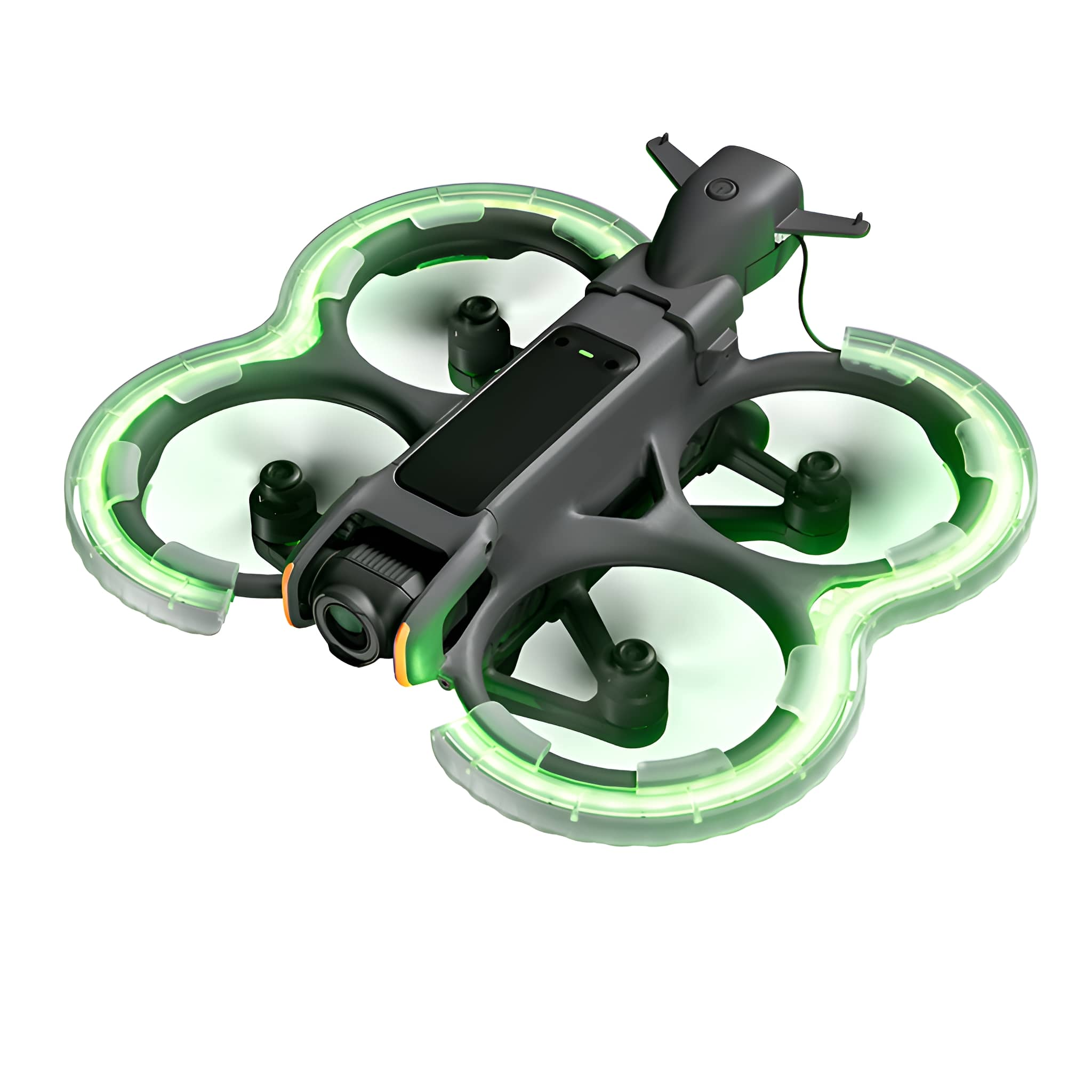 Schwarze Drohne mit grünen Lichtern um die Propeller.