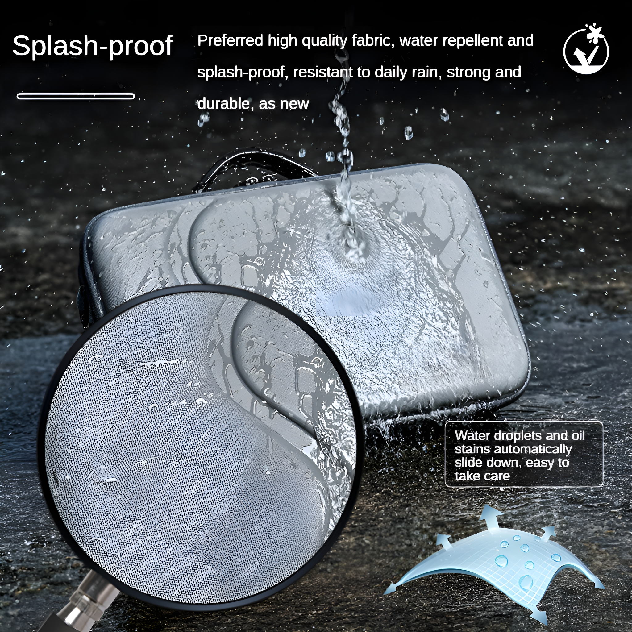 Ein grauer Koffer mit Wassertropfen darauf und eine Lupe, die das Material zeigt.