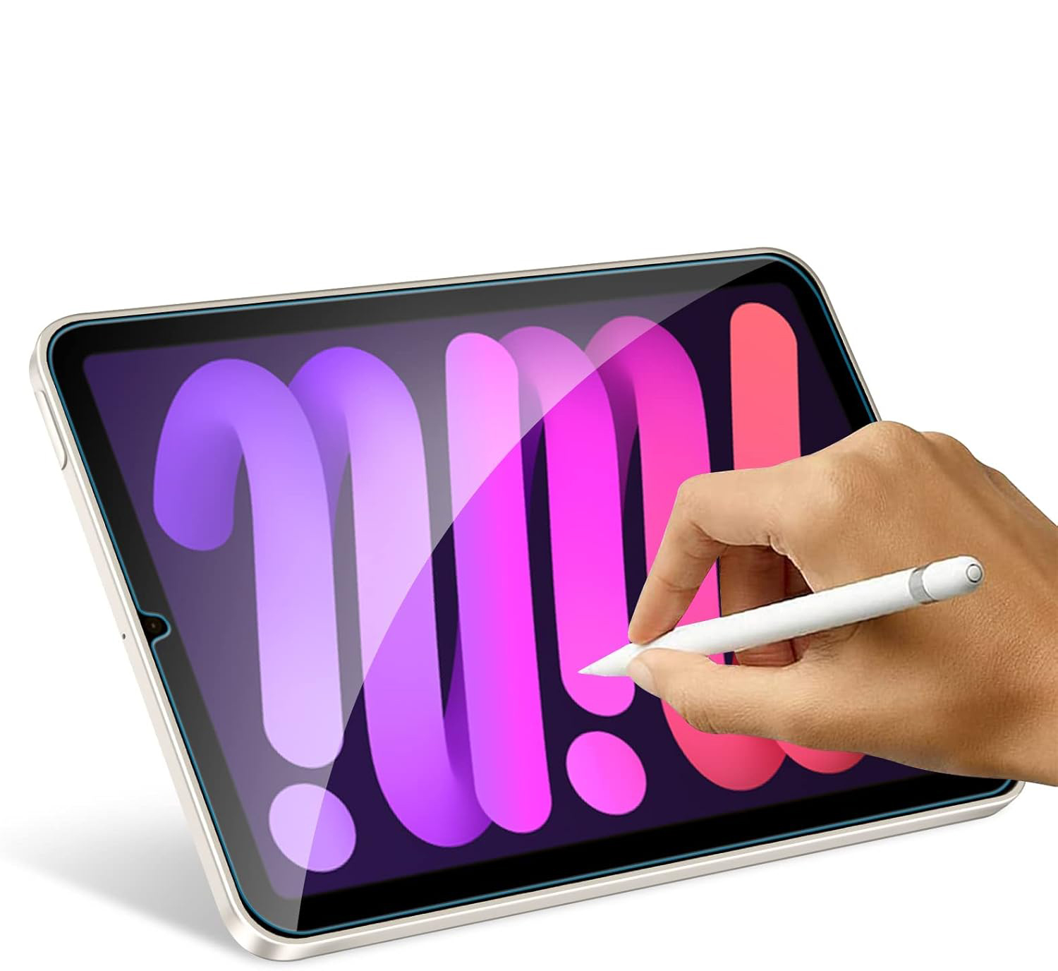 Eine Hand, die mit einem Stift auf einem Tablet-Bildschirm zeichnet und farbige Linien zeigt.